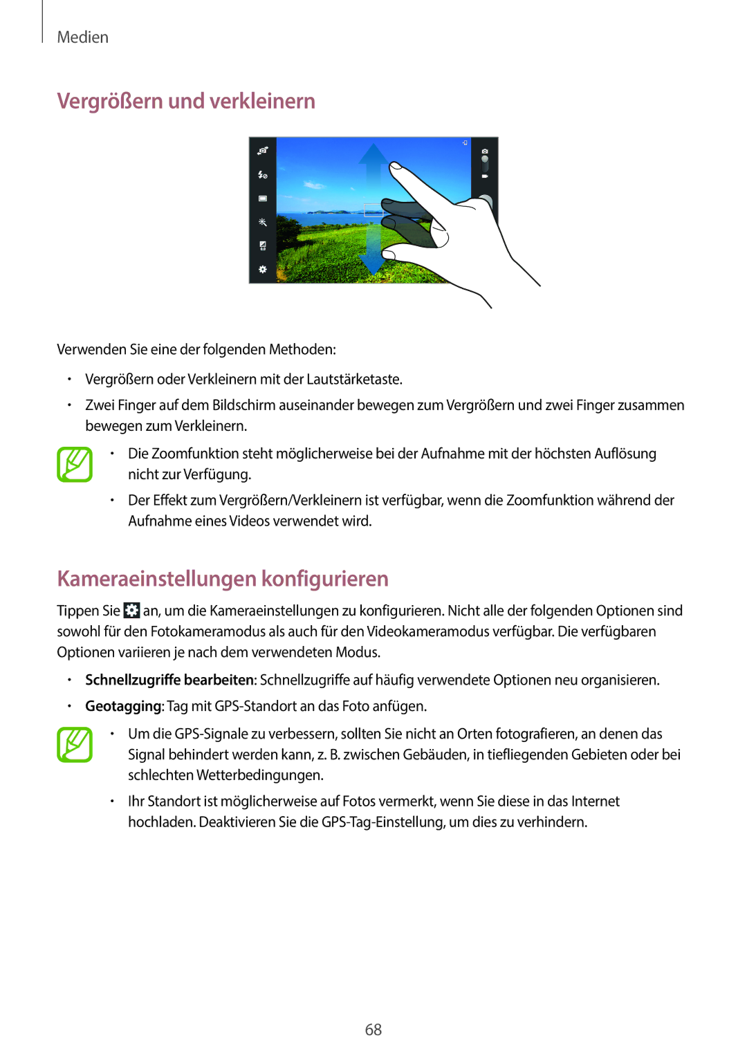 Samsung GT-N8010ZWATPH, GT-N8010EAADBT, GT-N8010ZWXDBT manual Vergrößern und verkleinern, Kameraeinstellungen konfigurieren 