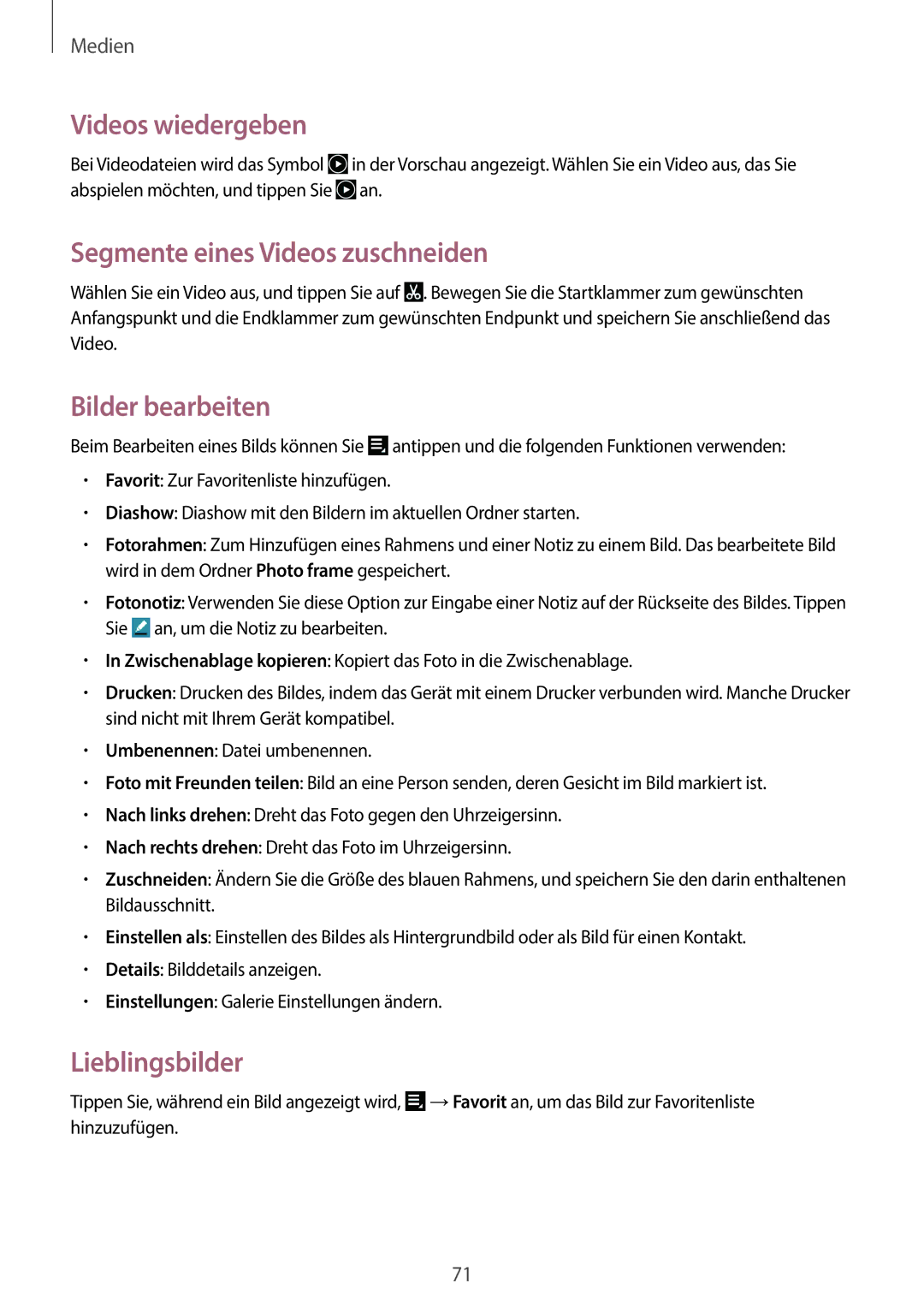 Samsung GT-N8010ZWAATO manual Videos wiedergeben, Segmente eines Videos zuschneiden, Bilder bearbeiten, Lieblingsbilder 