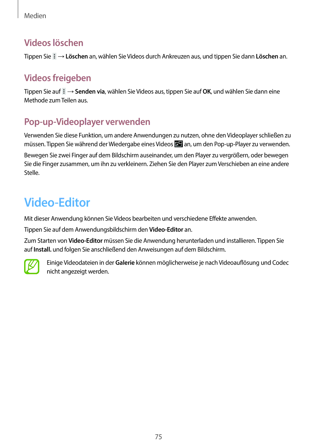 Samsung GT-N8010EAAATO, GT-N8010EAADBT manual Video-Editor, Videos löschen, Videos freigeben, Pop-up-Videoplayer verwenden 