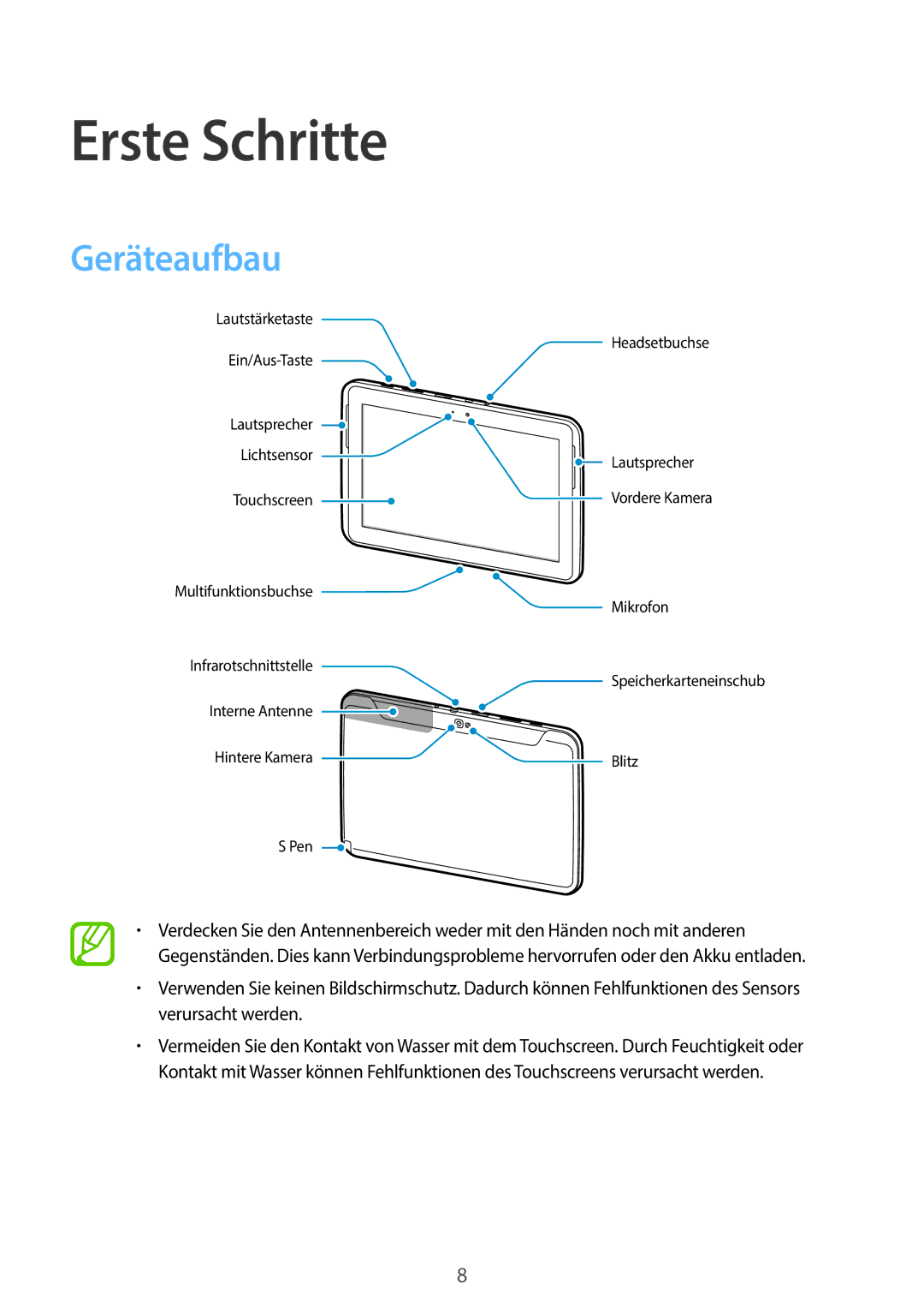 Samsung GT-N8010EAAEUR, GT-N8010EAADBT, GT-N8010ZWXDBT, GT-N8010ZWXTUR, GT-N8010ZWATPH manual Erste Schritte, Geräteaufbau 