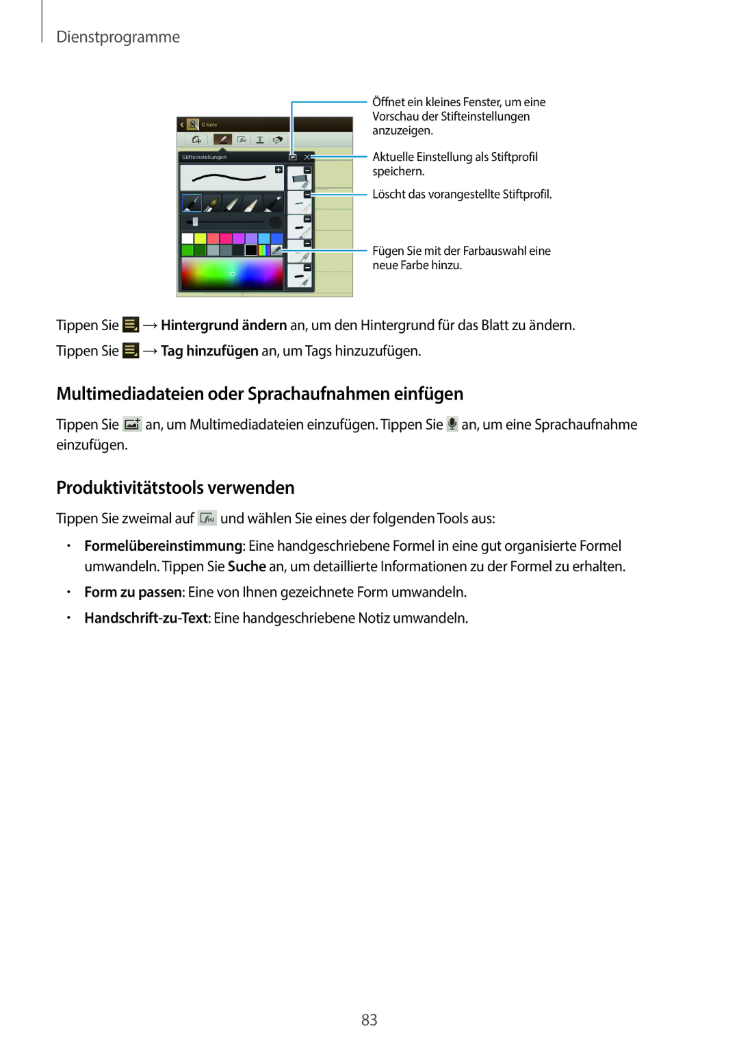 Samsung GT-N8010EAATUR, GT-N8010EAADBT manual Multimediadateien oder Sprachaufnahmen einfügen, Produktivitätstools verwenden 