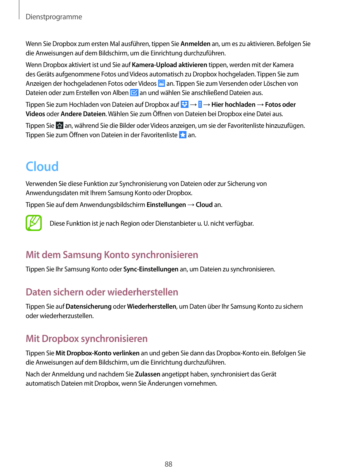 Samsung GT-N8010EAAATO, GT-N8010EAADBT Cloud, Mit dem Samsung Konto synchronisieren, Daten sichern oder wiederherstellen 