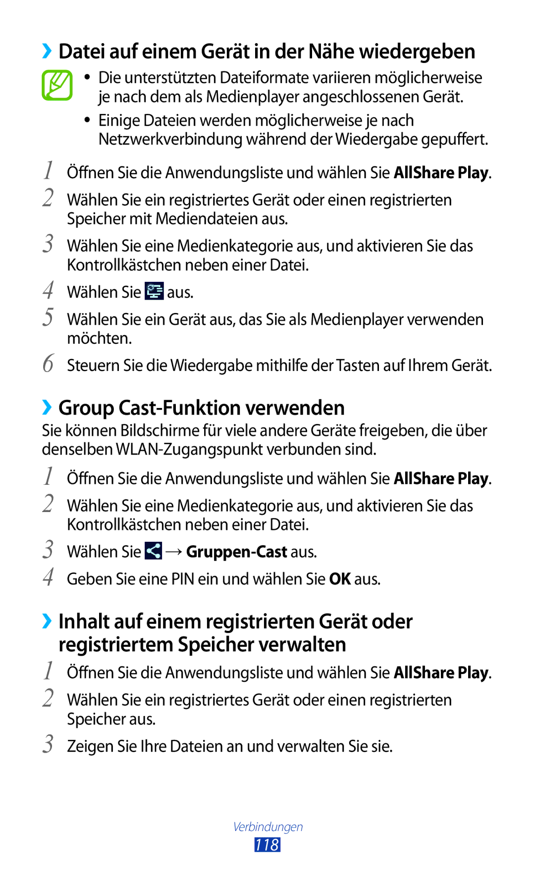 Samsung GT-N8010ZWXDBT, GT-N8010EAADBT ››Group Cast-Funktion verwenden, ››Datei auf einem Gerät in der Nähe wiedergeben 