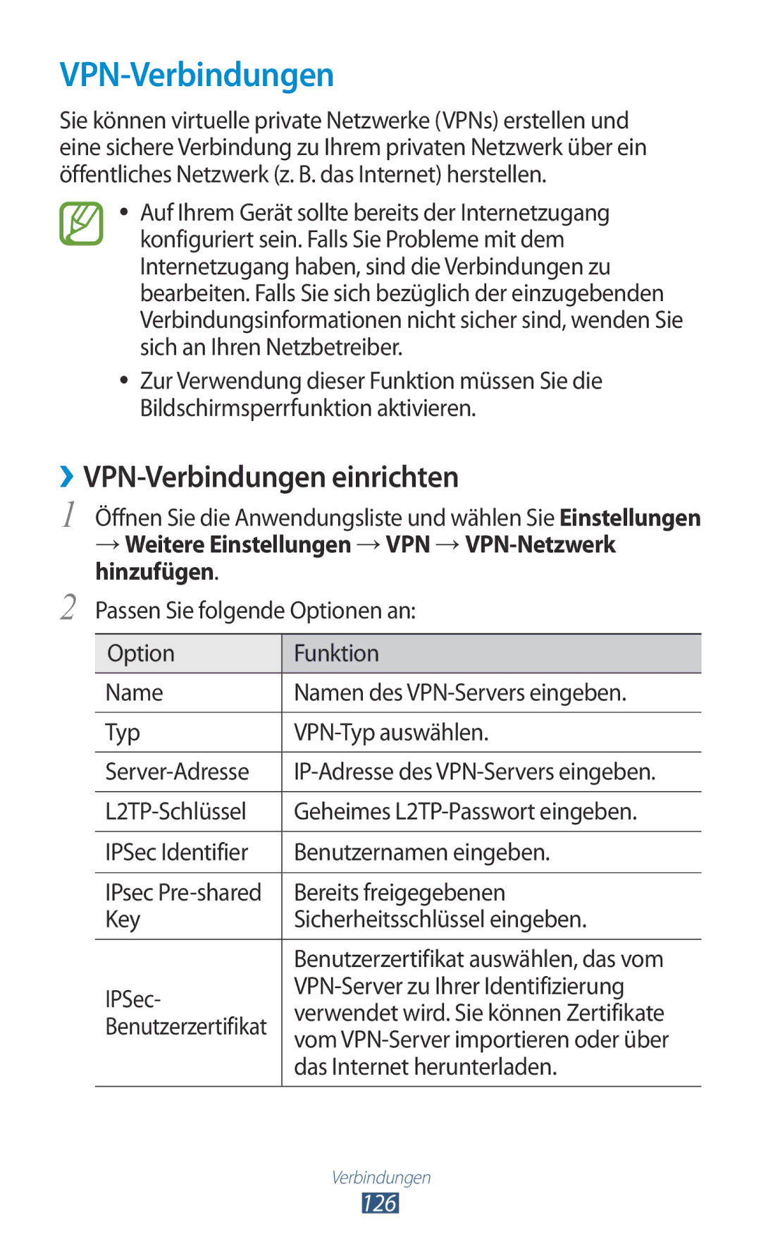 Samsung GT-N8010ZWADBT manual ››VPN-Verbindungen einrichten, → Weitere Einstellungen →VPN →VPN-Netzwerk hinzufügen 