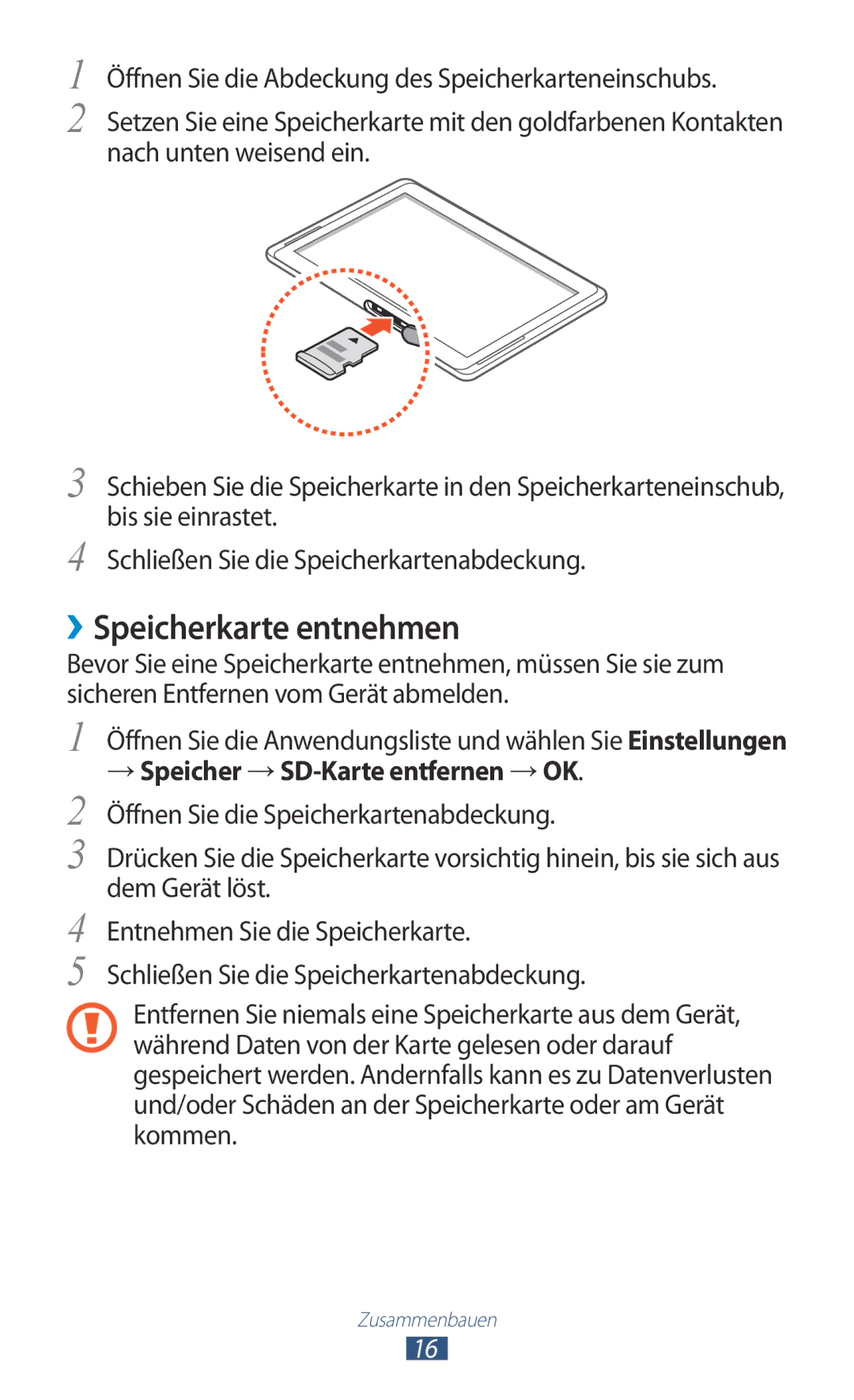 Samsung GT-N8010ZWATPH, GT-N8010EAADBT, GT-N8010ZWXDBT, GT-N8010ZWXTUR, GT-N8010EAXDBT manual ››Speicherkarte entnehmen 