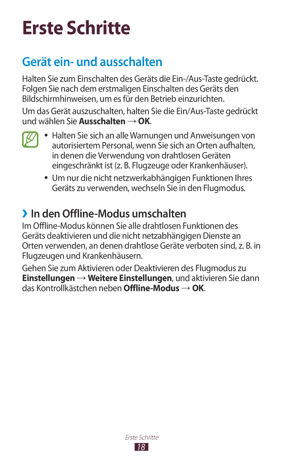 Samsung GT-N8010EAATUR, GT-N8010EAADBT, GT-N8010ZWXDBT manual Gerät ein- und ausschalten, ››In den Offline-Modus umschalten 