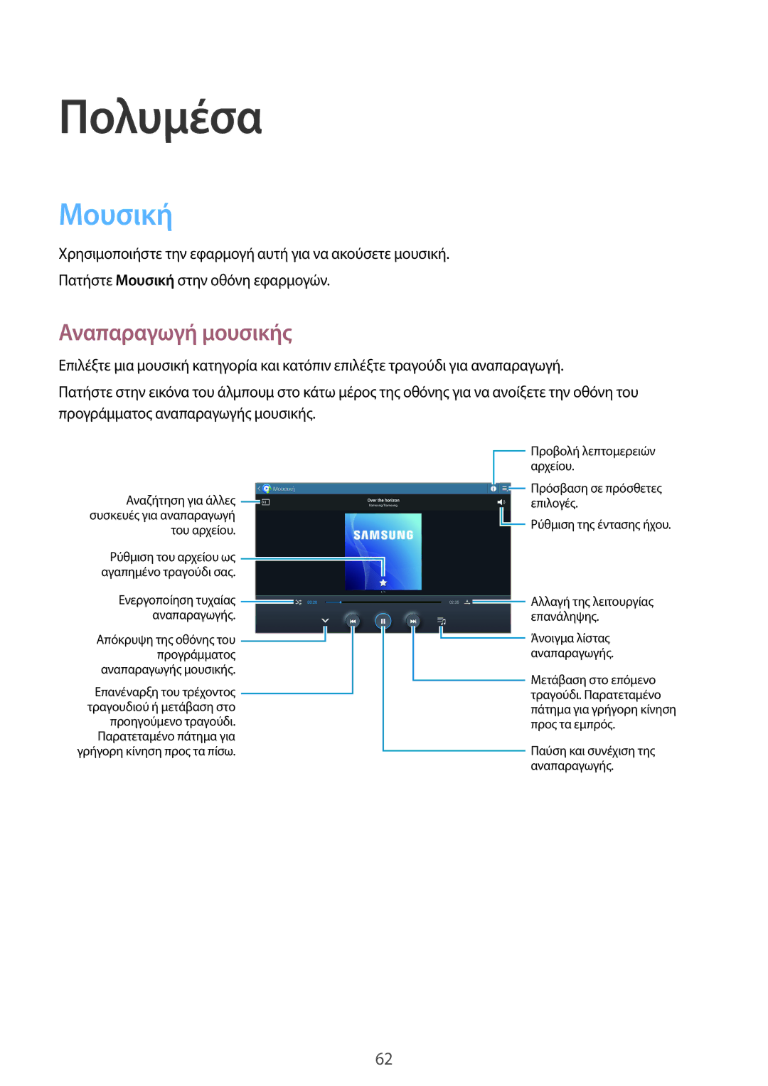 Samsung GT-N8010EAACYO, GT-N8010EAAEUR, GT-N8010ZWAEUR manual Πολυμέσα, Μουσική, Αναπαραγωγή μουσικής 