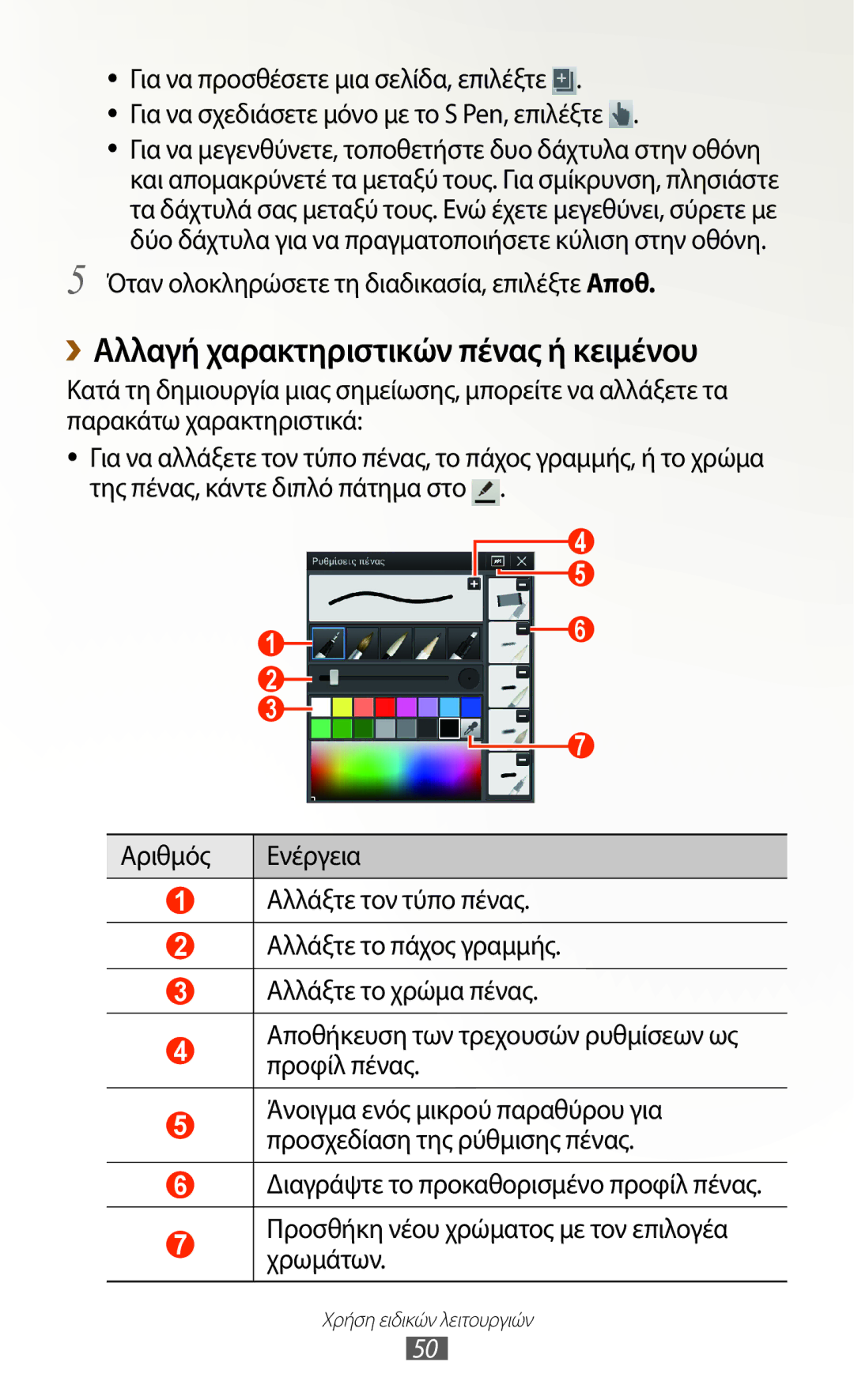 Samsung GT-N8010EAACYO manual ››Αλλαγή χαρακτηριστικών πένας ή κειμένου, Όταν ολοκληρώσετε τη διαδικασία, επιλέξτε Αποθ 