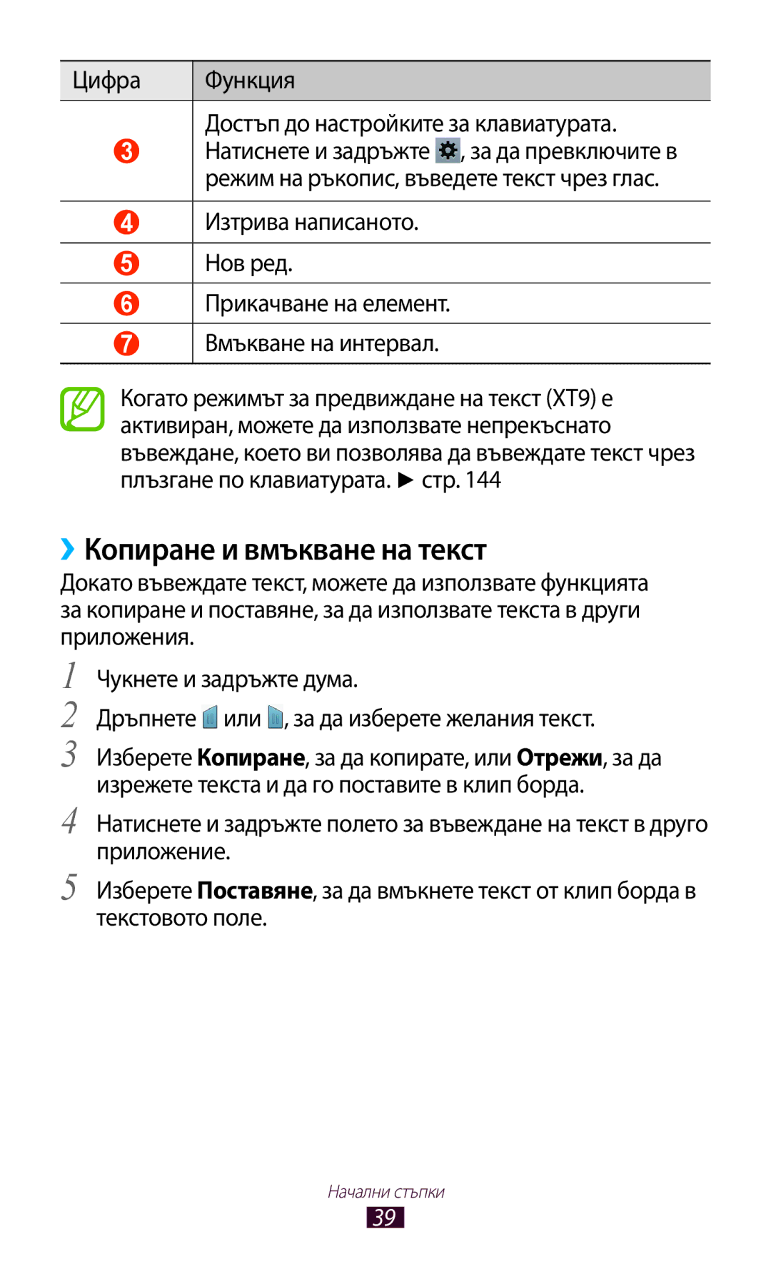 Samsung GT-N8010ZWABGL, GT-N8010EAAMTL ››Копиране и вмъкване на текст, Цифра Функция Достъп до настройките за клавиатурата 