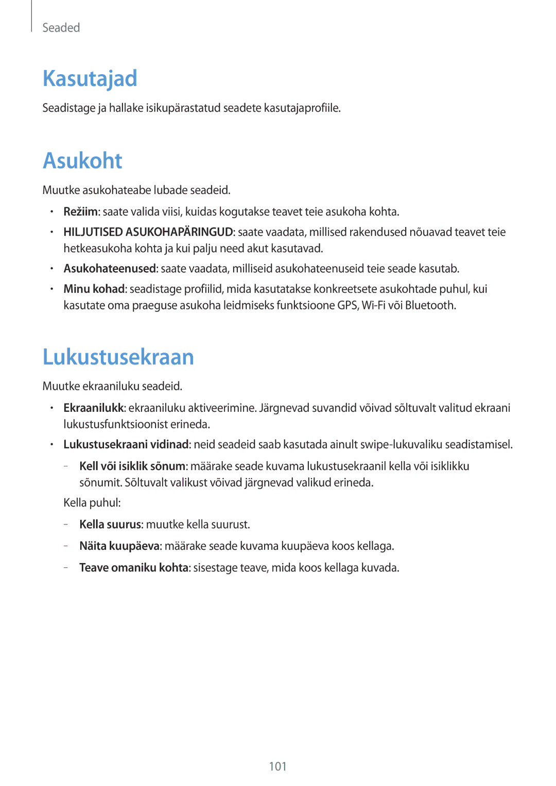 Samsung GT-N8010ZWASEB, GT-N8010EAASEB manual Kasutajad, Asukoht, Lukustusekraan 