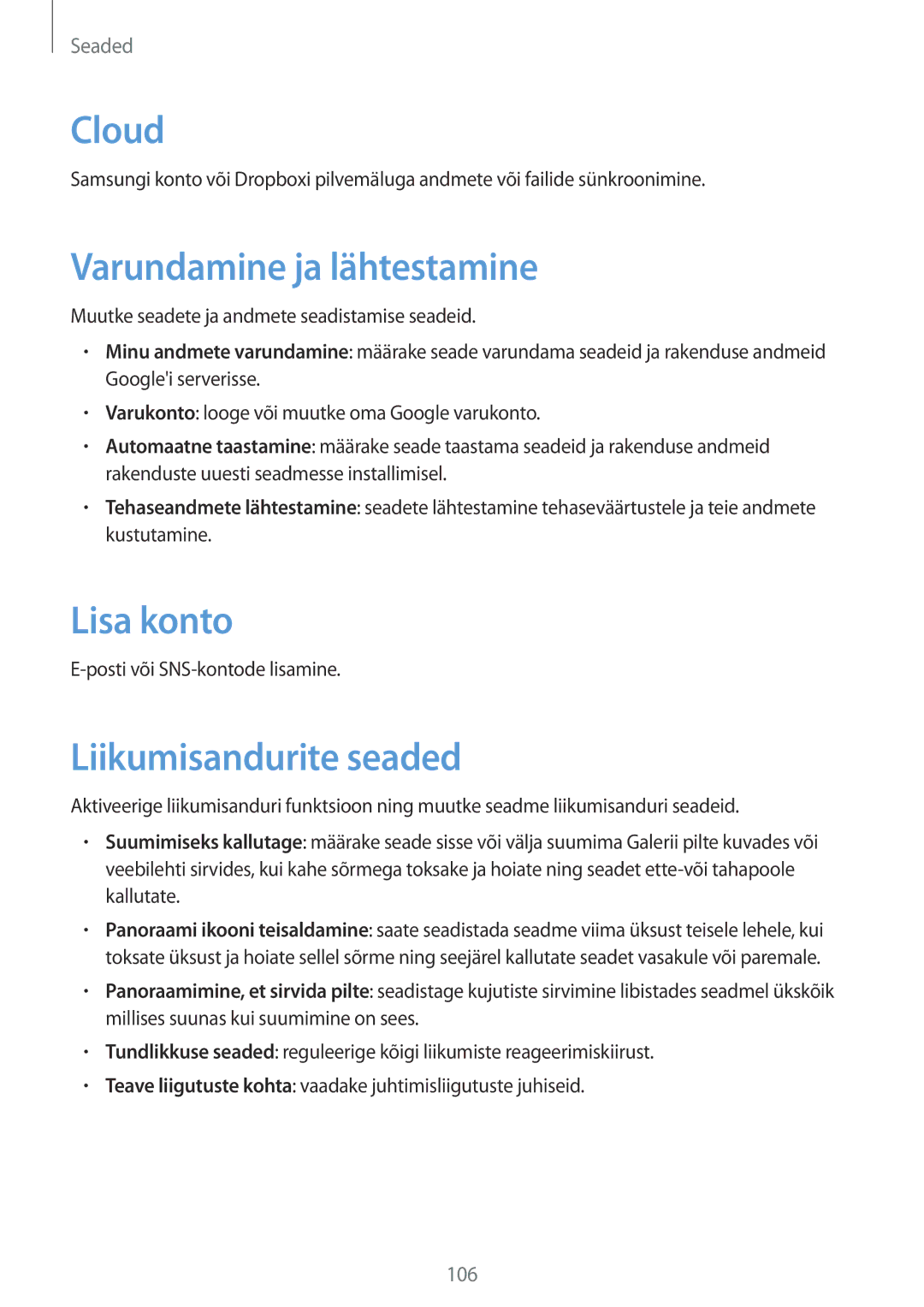 Samsung GT-N8010EAASEB, GT-N8010ZWASEB manual Varundamine ja lähtestamine, Lisa konto, Liikumisandurite seaded 