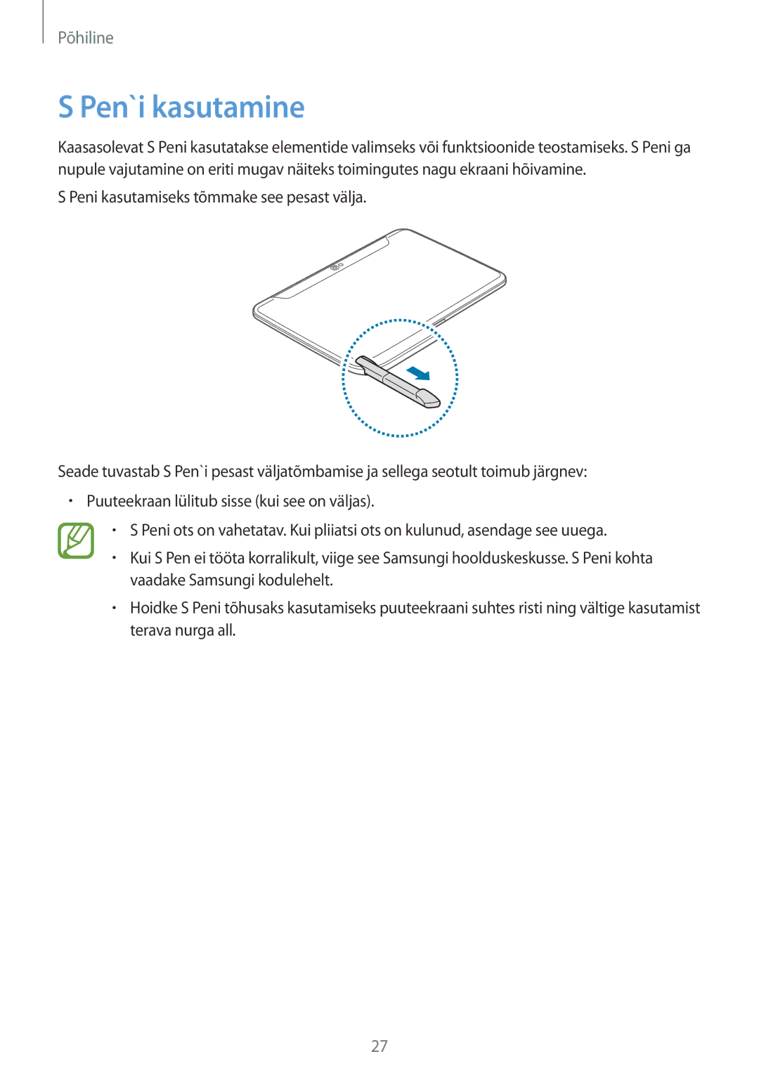 Samsung GT-N8010ZWASEB, GT-N8010EAASEB manual Pen`i kasutamine 