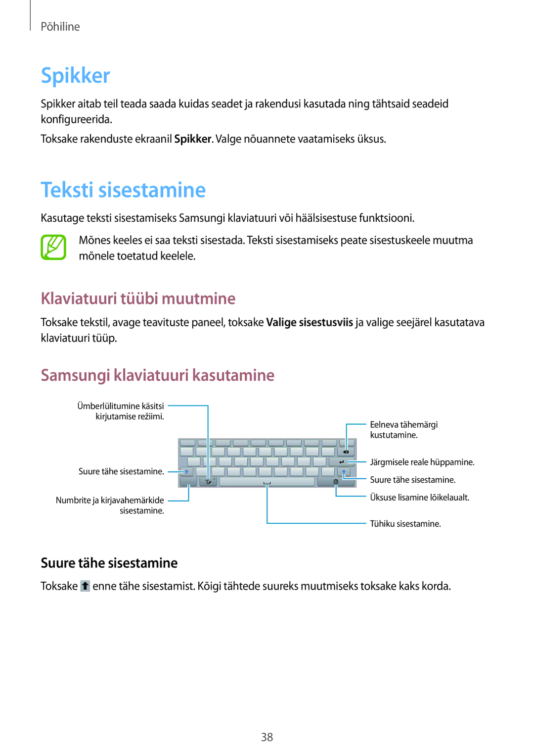 Samsung GT-N8010EAASEB manual Spikker, Teksti sisestamine, Klaviatuuri tüübi muutmine, Samsungi klaviatuuri kasutamine 