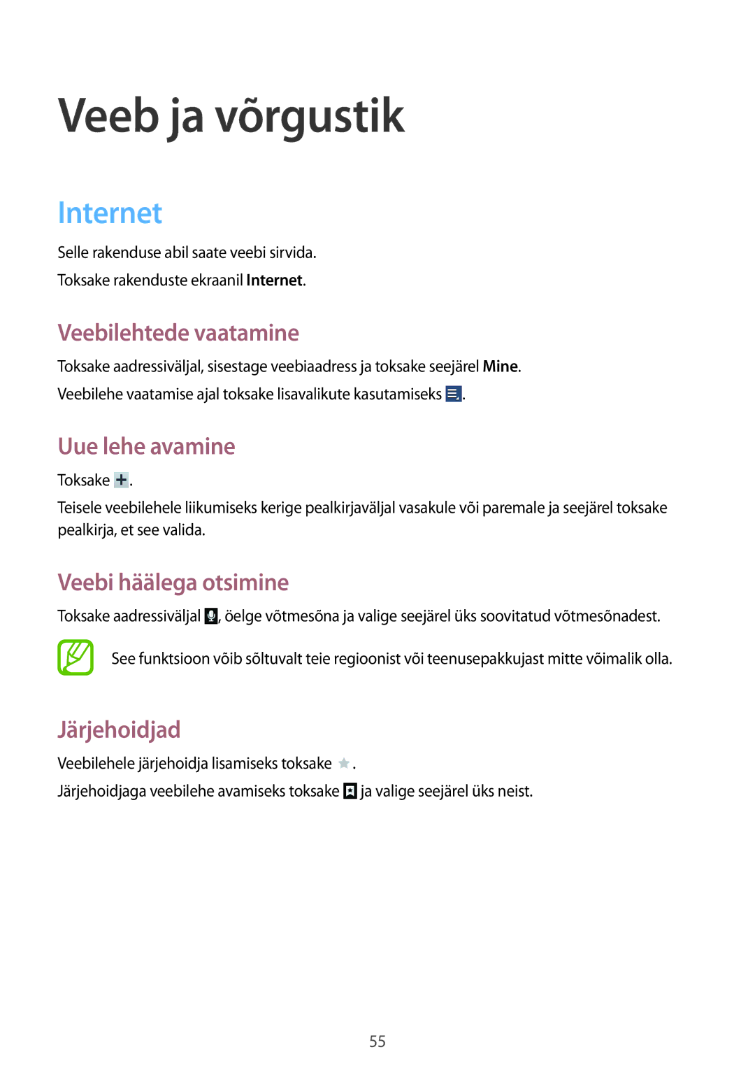 Samsung GT-N8010ZWASEB, GT-N8010EAASEB manual Veeb ja võrgustik, Internet 