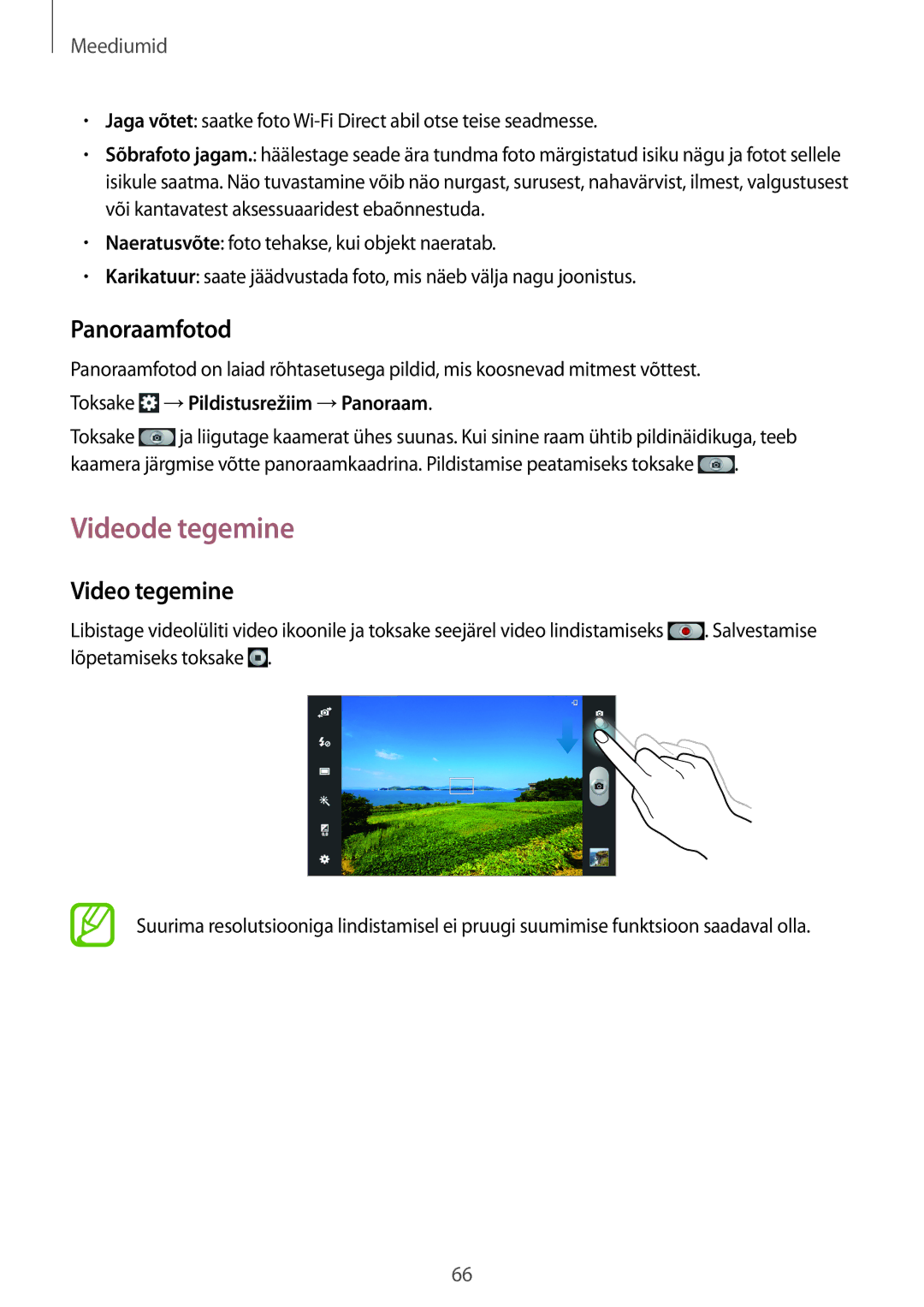 Samsung GT-N8010EAASEB, GT-N8010ZWASEB manual Videode tegemine, Panoraamfotod, Video tegemine 