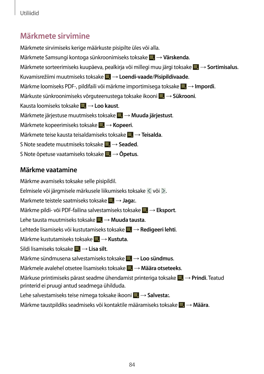 Samsung GT-N8010EAASEB, GT-N8010ZWASEB manual Märkmete sirvimine, Märkme vaatamine 