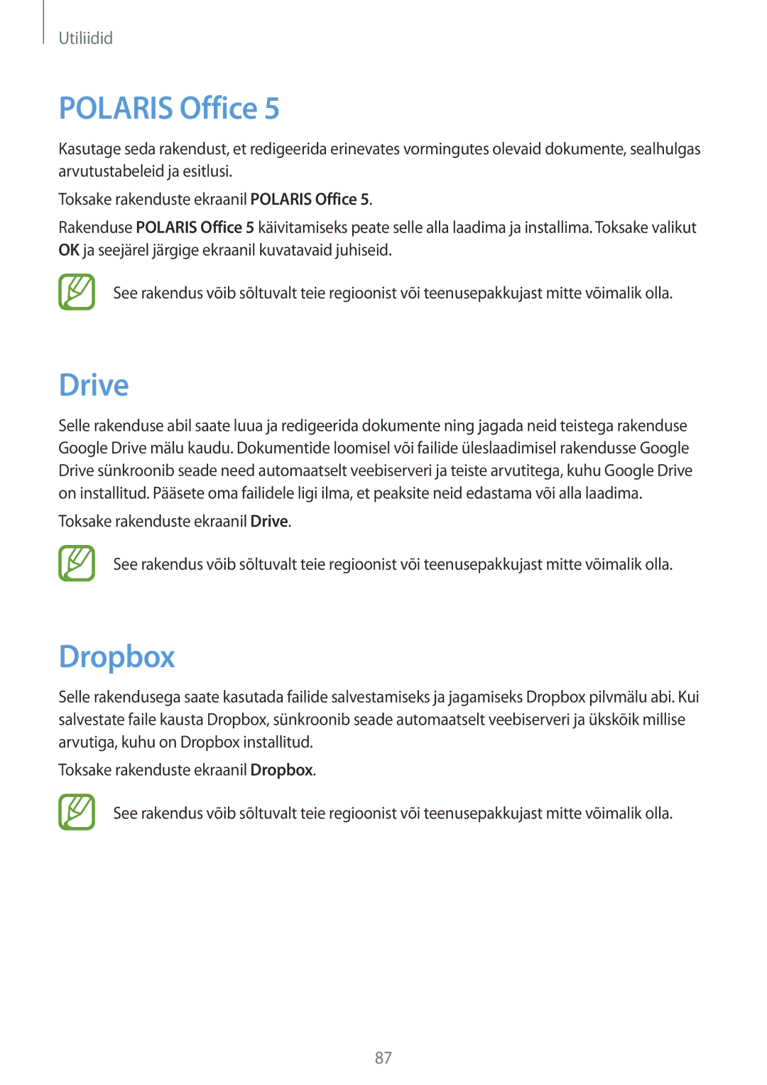 Samsung GT-N8010ZWASEB, GT-N8010EAASEB manual Polaris Office, Drive, Dropbox 