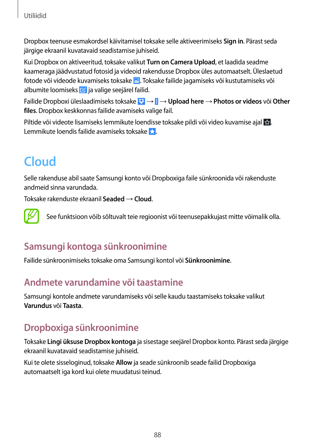 Samsung GT-N8010EAASEB Cloud, Samsungi kontoga sünkroonimine, Andmete varundamine või taastamine, Dropboxiga sünkroonimine 