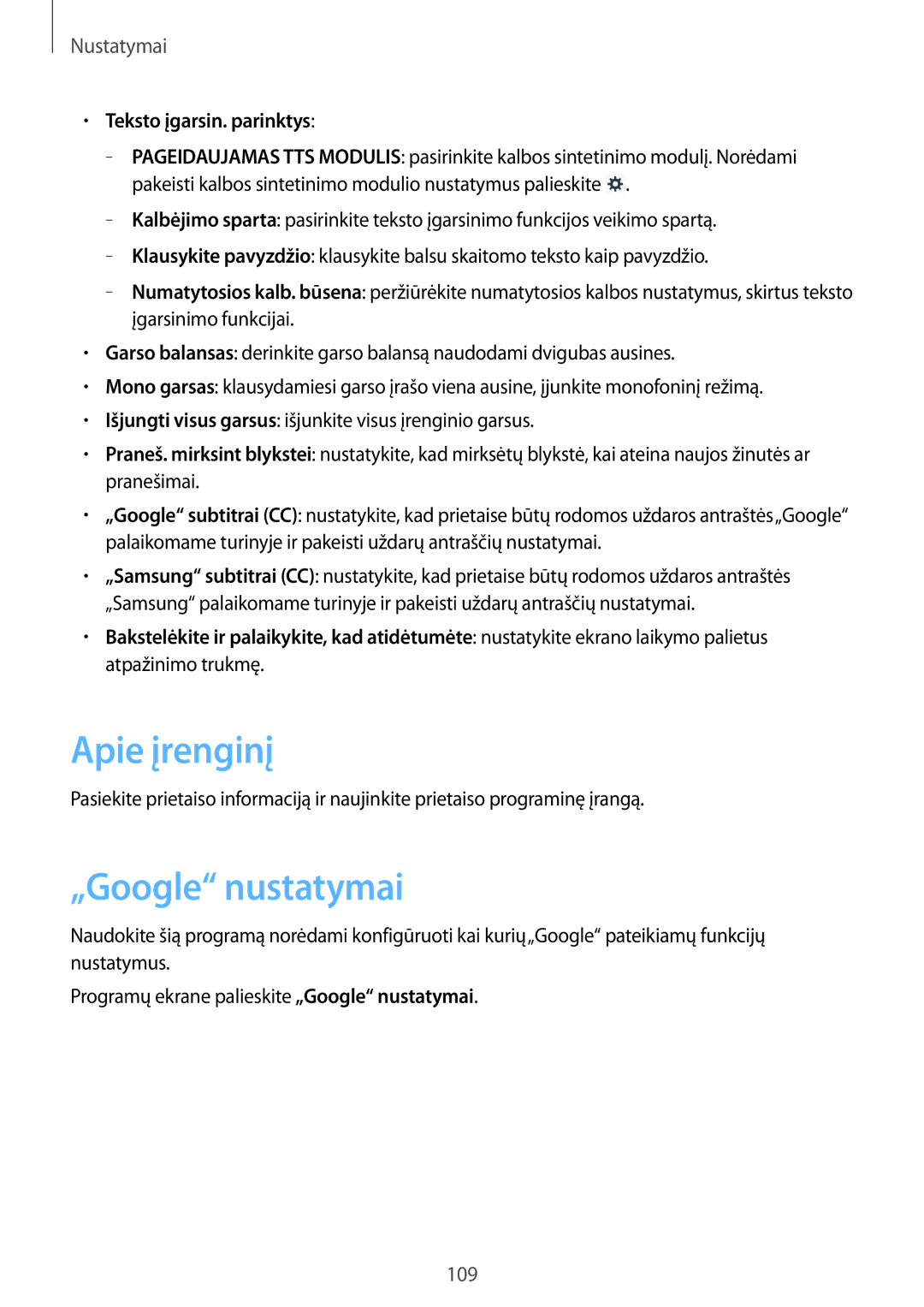 Samsung GT-N8010ZWASEB, GT-N8010EAASEB manual Apie įrenginį, „Google nustatymai, Teksto įgarsin. parinktys 