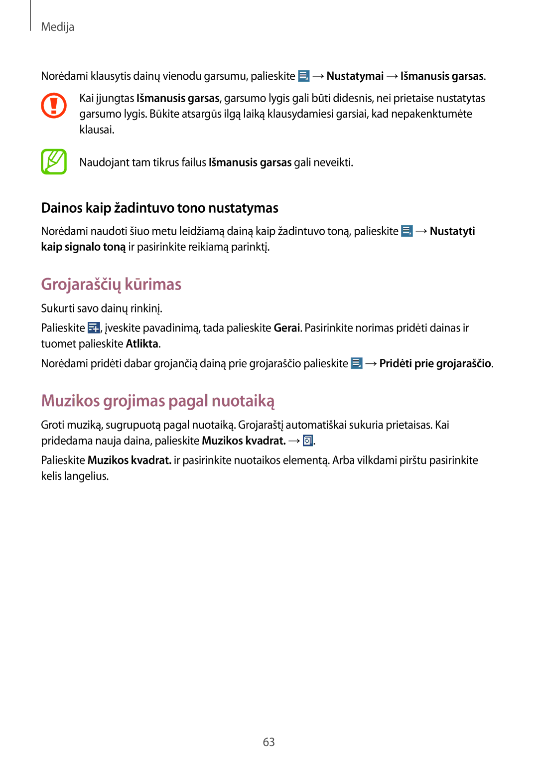 Samsung GT-N8010ZWASEB manual Grojaraščių kūrimas, Muzikos grojimas pagal nuotaiką, Dainos kaip žadintuvo tono nustatymas 