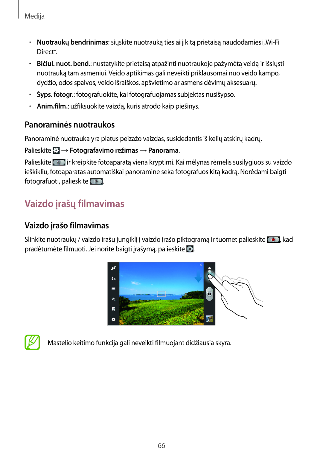 Samsung GT-N8010EAASEB, GT-N8010ZWASEB manual Vaizdo įrašų filmavimas, Panoraminės nuotraukos, Vaizdo įrašo filmavimas 
