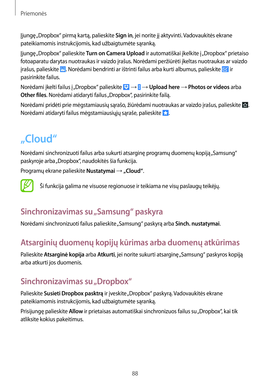 Samsung GT-N8010EAASEB, GT-N8010ZWASEB manual „Cloud, Sinchronizavimas su„Samsung paskyra, Sinchronizavimas su„Dropbox 