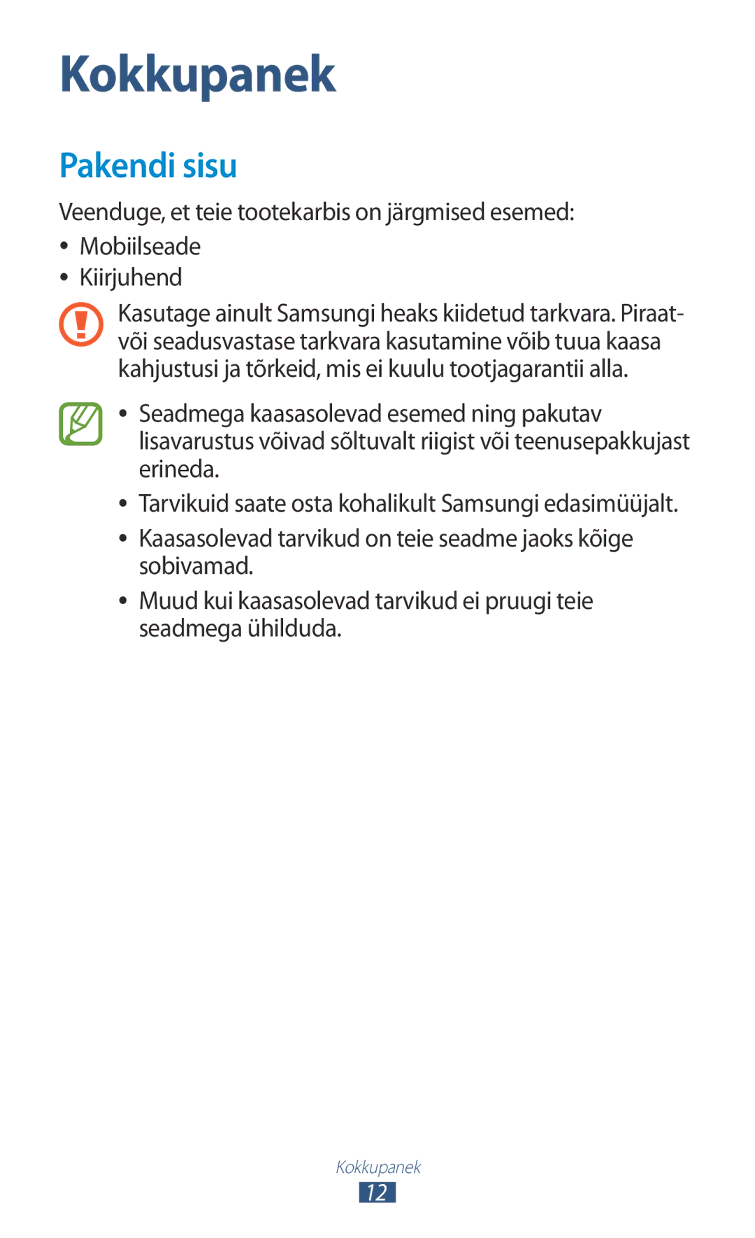 Samsung GT-N8010EAASEB, GT-N8010ZWASEB manual Kokkupanek, Pakendi sisu 