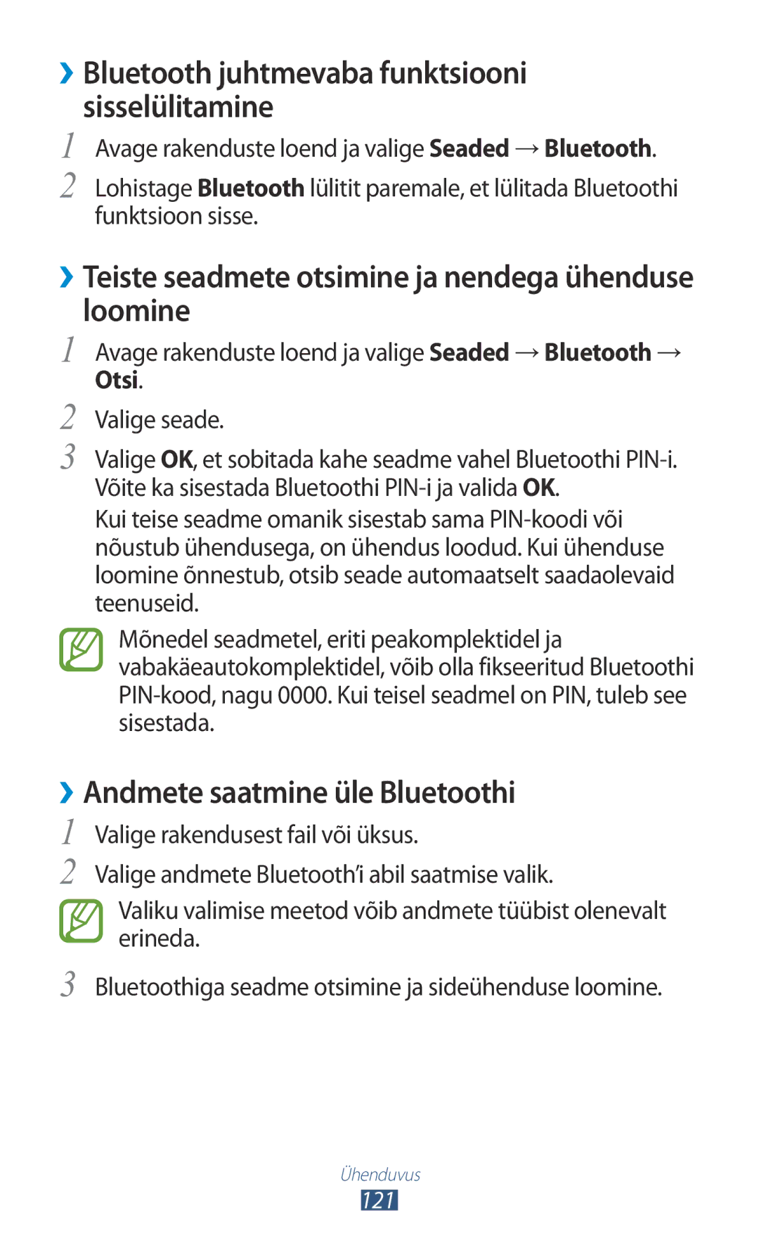 Samsung GT-N8010ZWASEB manual ››Bluetooth juhtmevaba funktsiooni sisselülitamine, ››Andmete saatmine üle Bluetoothi, Otsi 