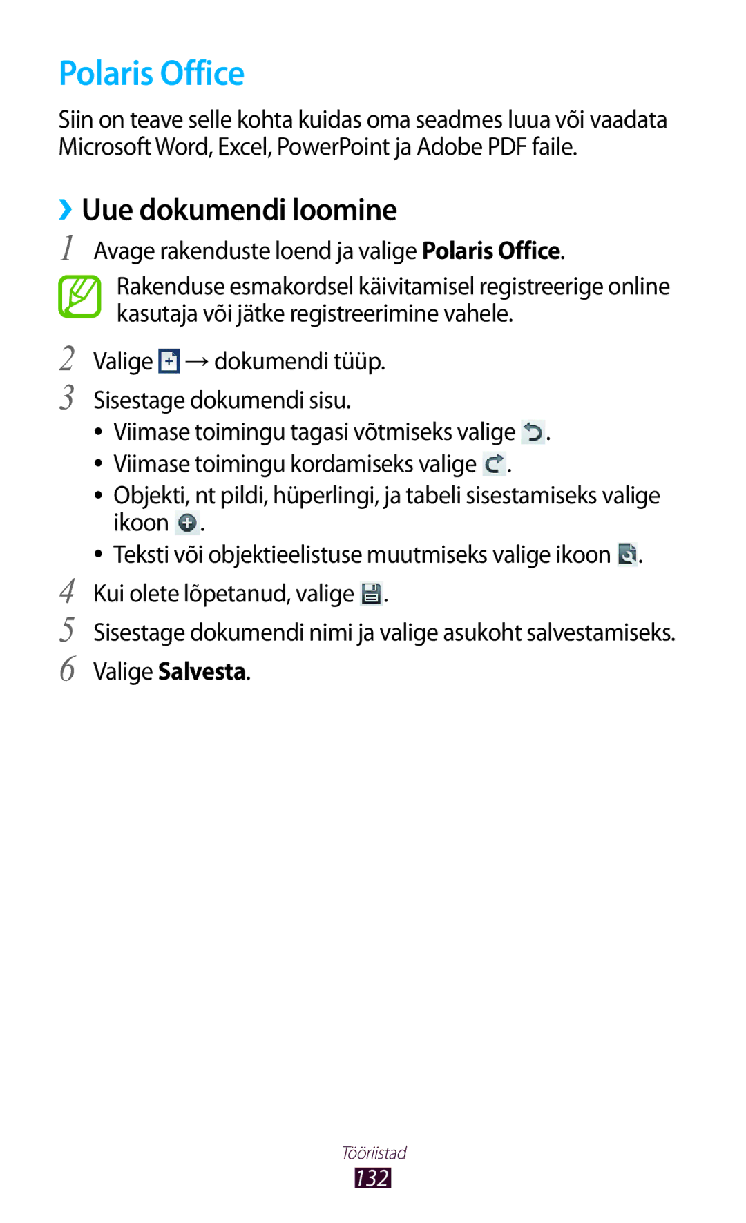 Samsung GT-N8010EAASEB, GT-N8010ZWASEB manual Polaris Office, ››Uue dokumendi loomine 