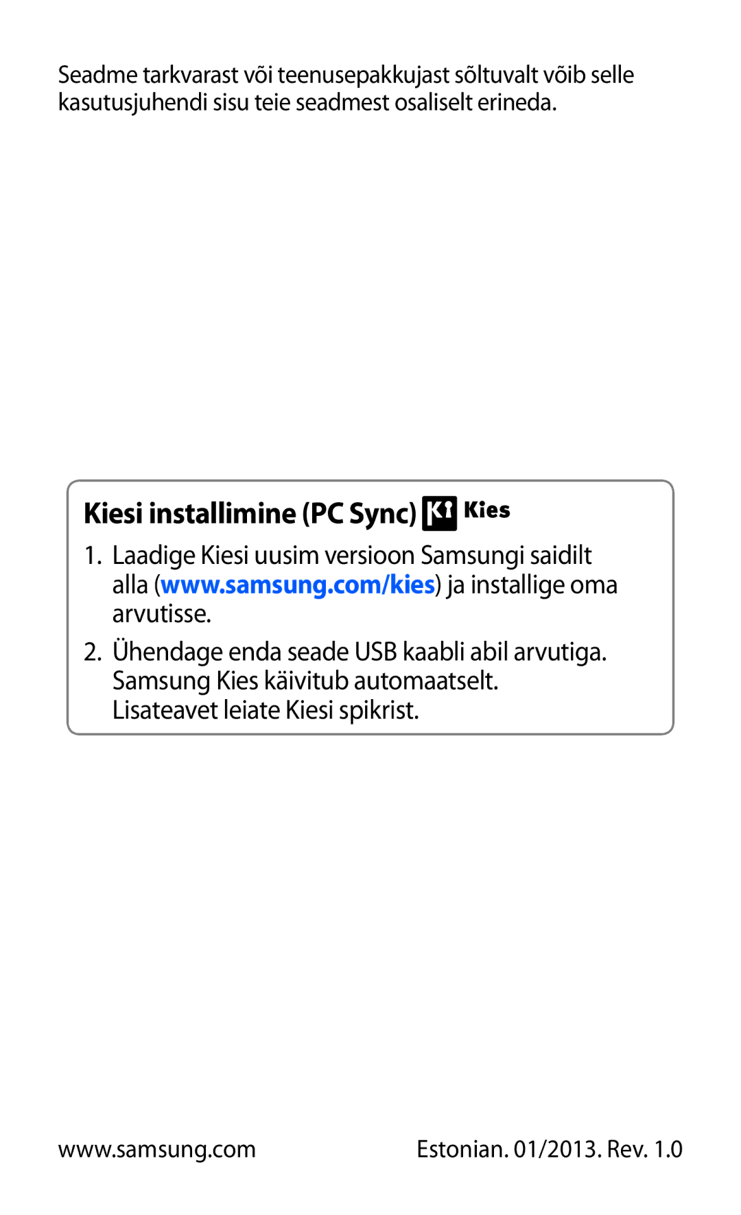 Samsung GT-N8010ZWASEB, GT-N8010EAASEB manual Kiesi installimine PC Sync 