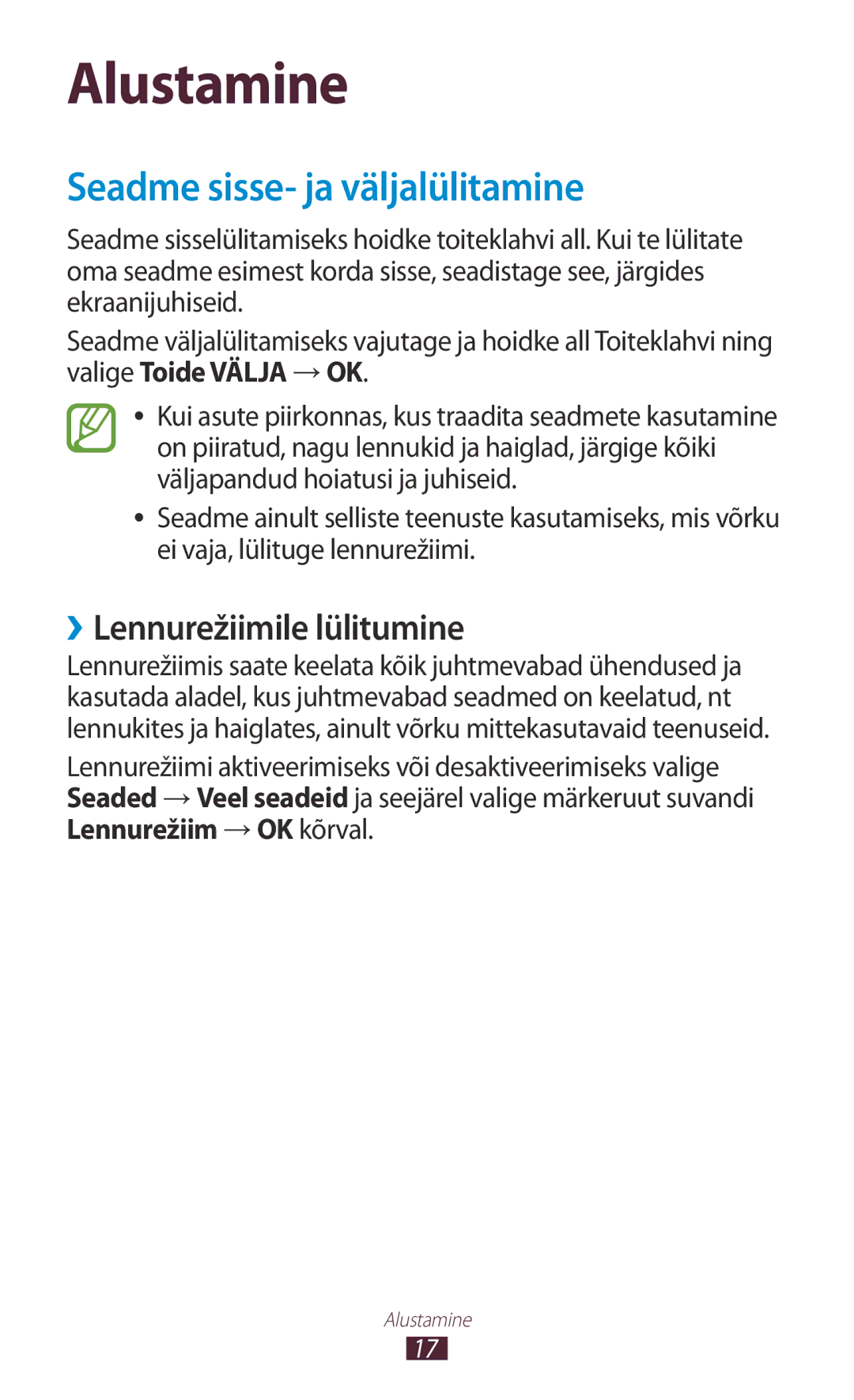 Samsung GT-N8010ZWASEB manual Seadme sisse- ja väljalülitamine, ››Lennurežiimile lülitumine, Valige Toide Välja →OK 