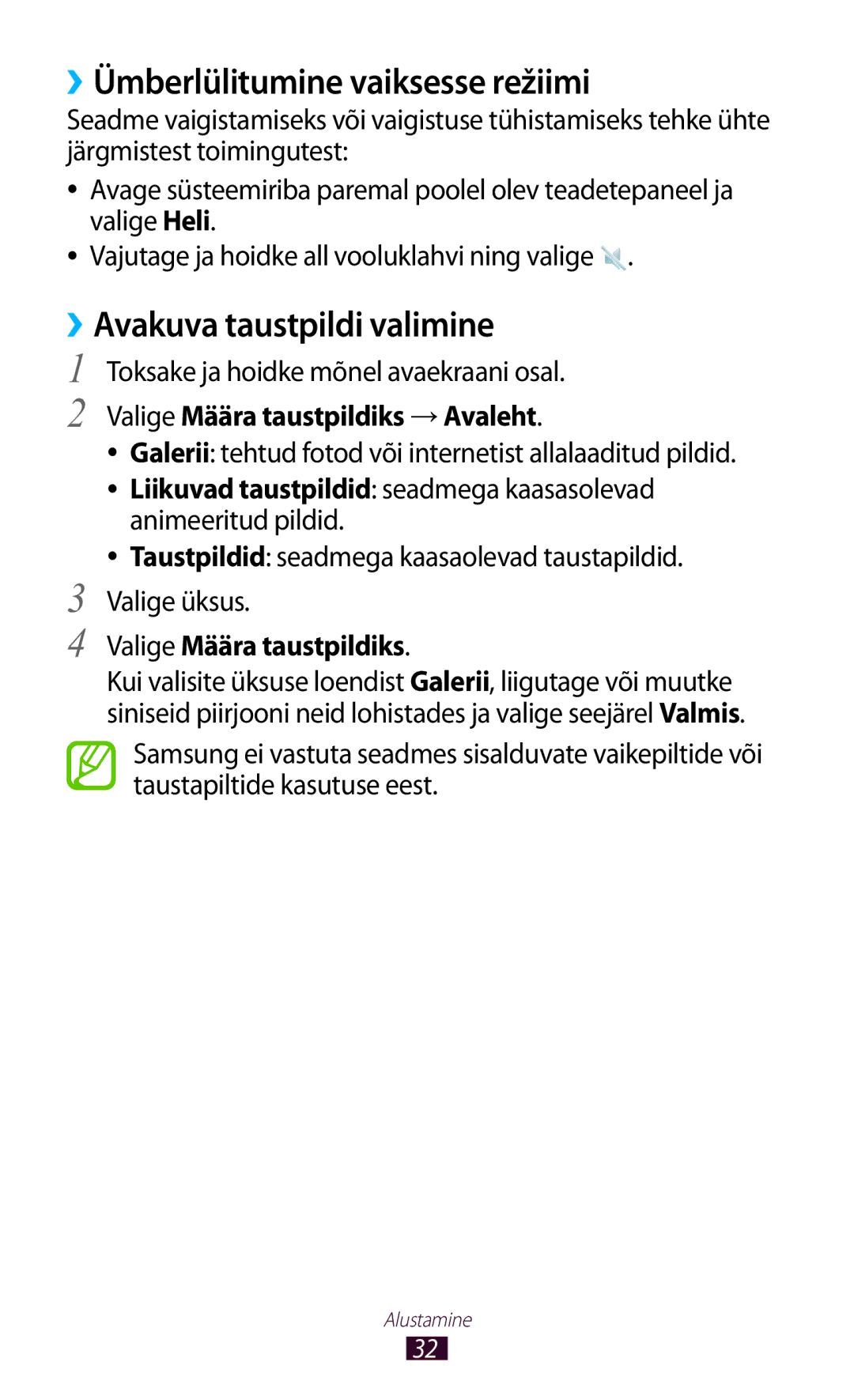 Samsung GT-N8010EAASEB manual ››Ümberlülitumine vaiksesse režiimi, ››Avakuva taustpildi valimine, Valige Määra taustpildiks 