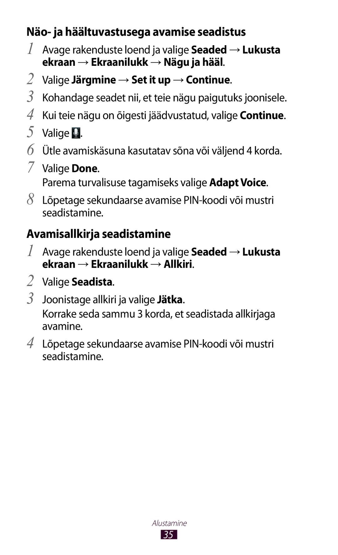 Samsung GT-N8010ZWASEB, GT-N8010EAASEB manual Näo- ja häältuvastusega avamise seadistus, Avamisallkirja seadistamine 