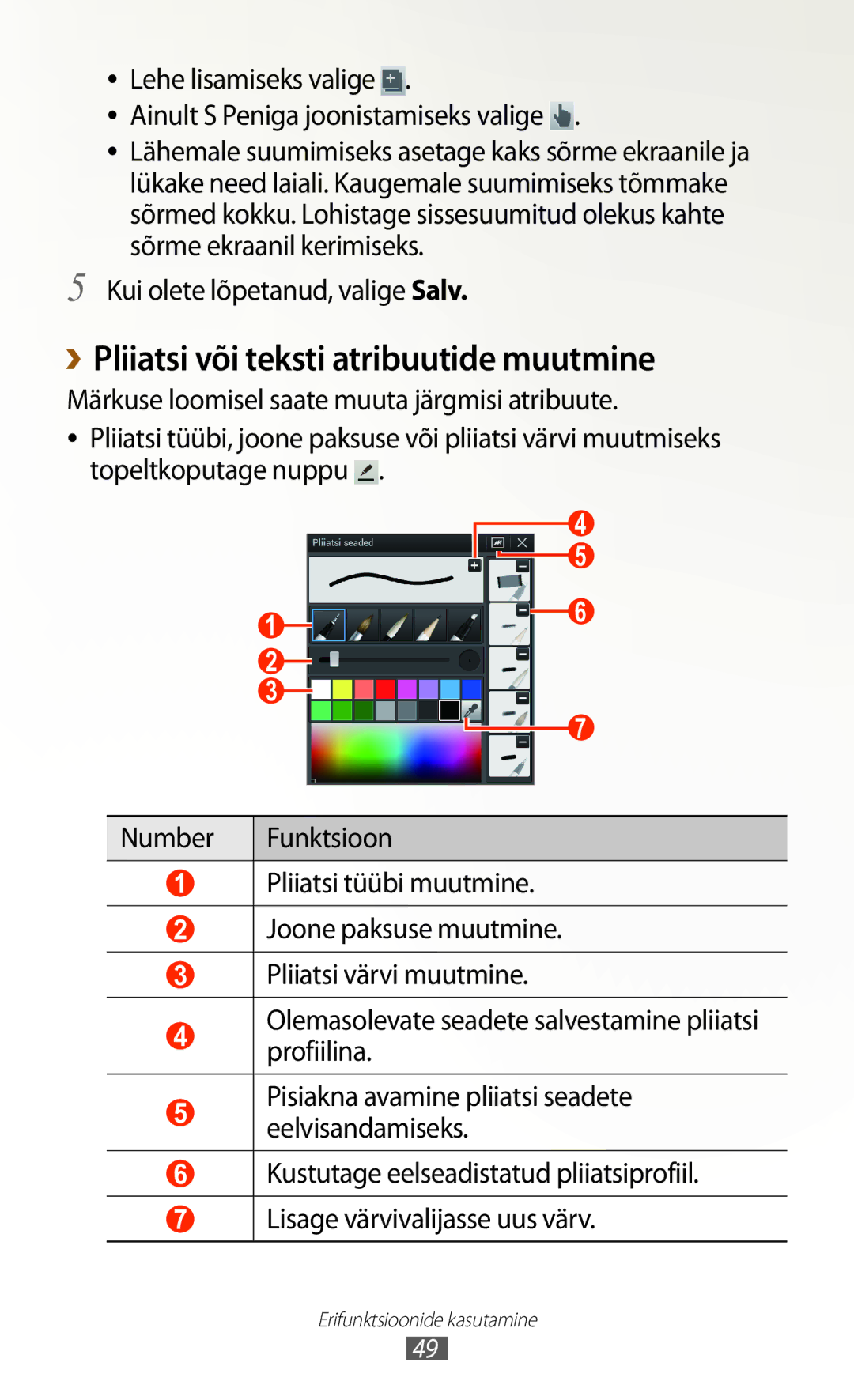 Samsung GT-N8010ZWASEB, GT-N8010EAASEB manual ››Pliiatsi või teksti atribuutide muutmine, Kui olete lõpetanud, valige Salv 