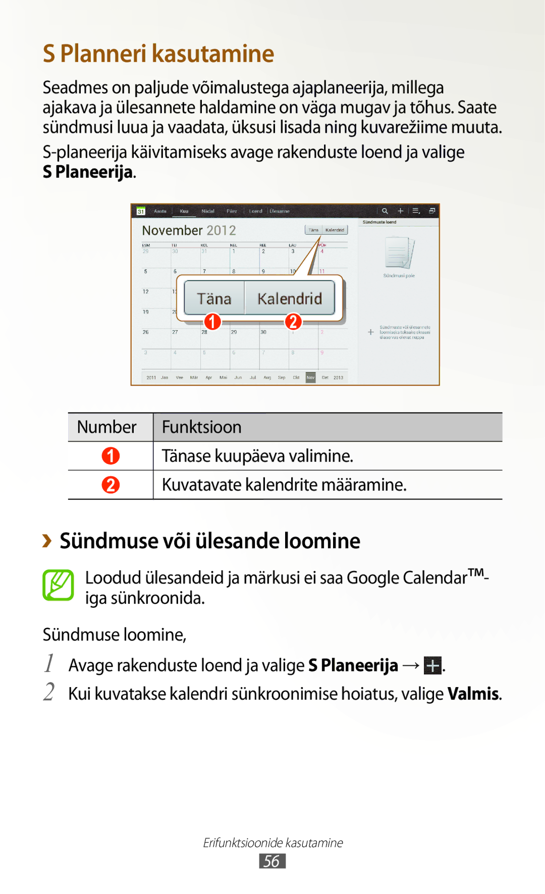 Samsung GT-N8010EAASEB, GT-N8010ZWASEB manual Planneri kasutamine, ››Sündmuse või ülesande loomine 