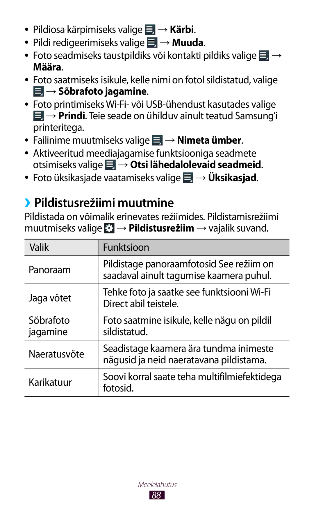 Samsung GT-N8010EAASEB, GT-N8010ZWASEB manual ››Pildistusrežiimi muutmine 