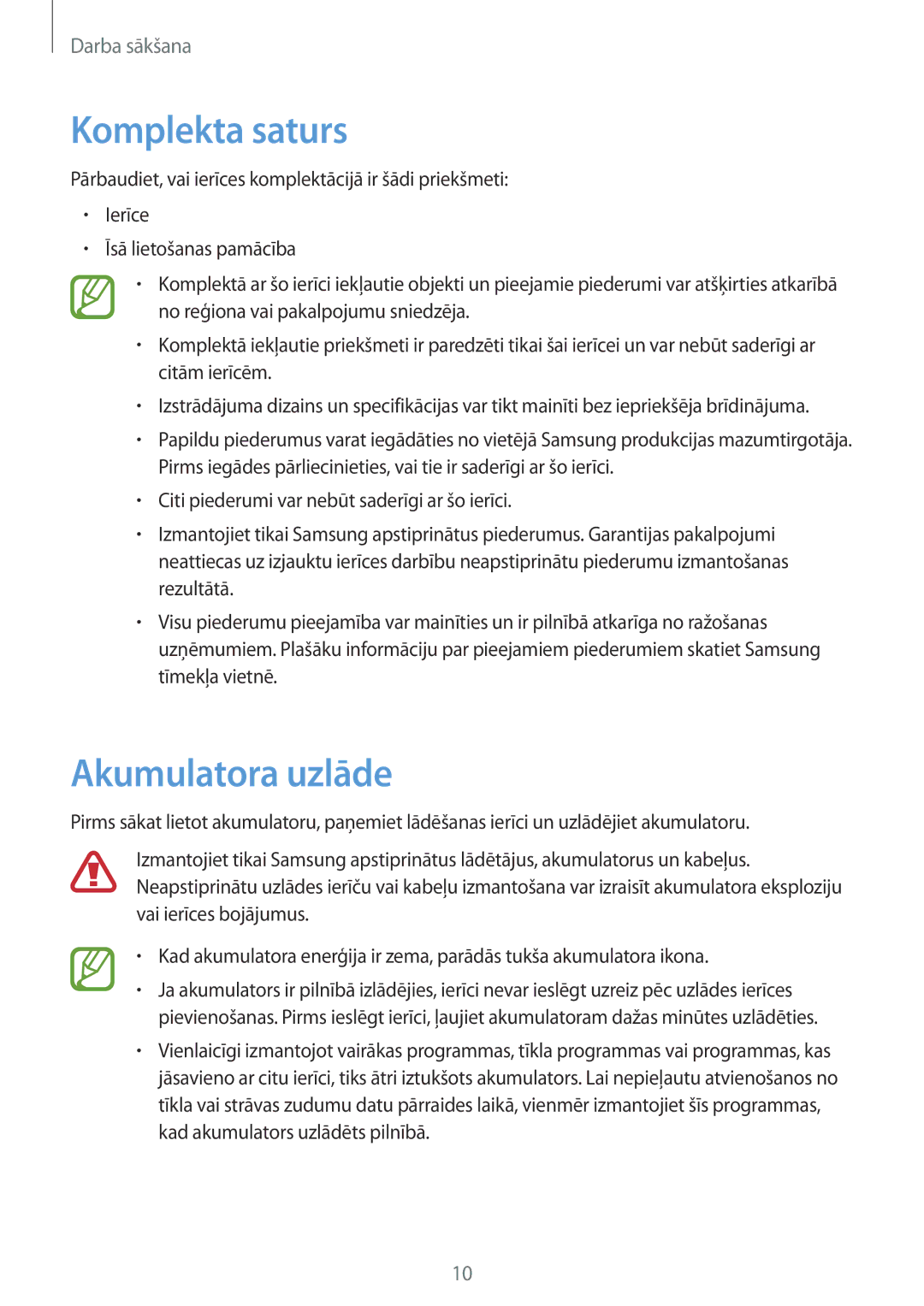 Samsung GT-N8010EAASEB, GT-N8010ZWASEB manual Komplekta saturs, Akumulatora uzlāde 
