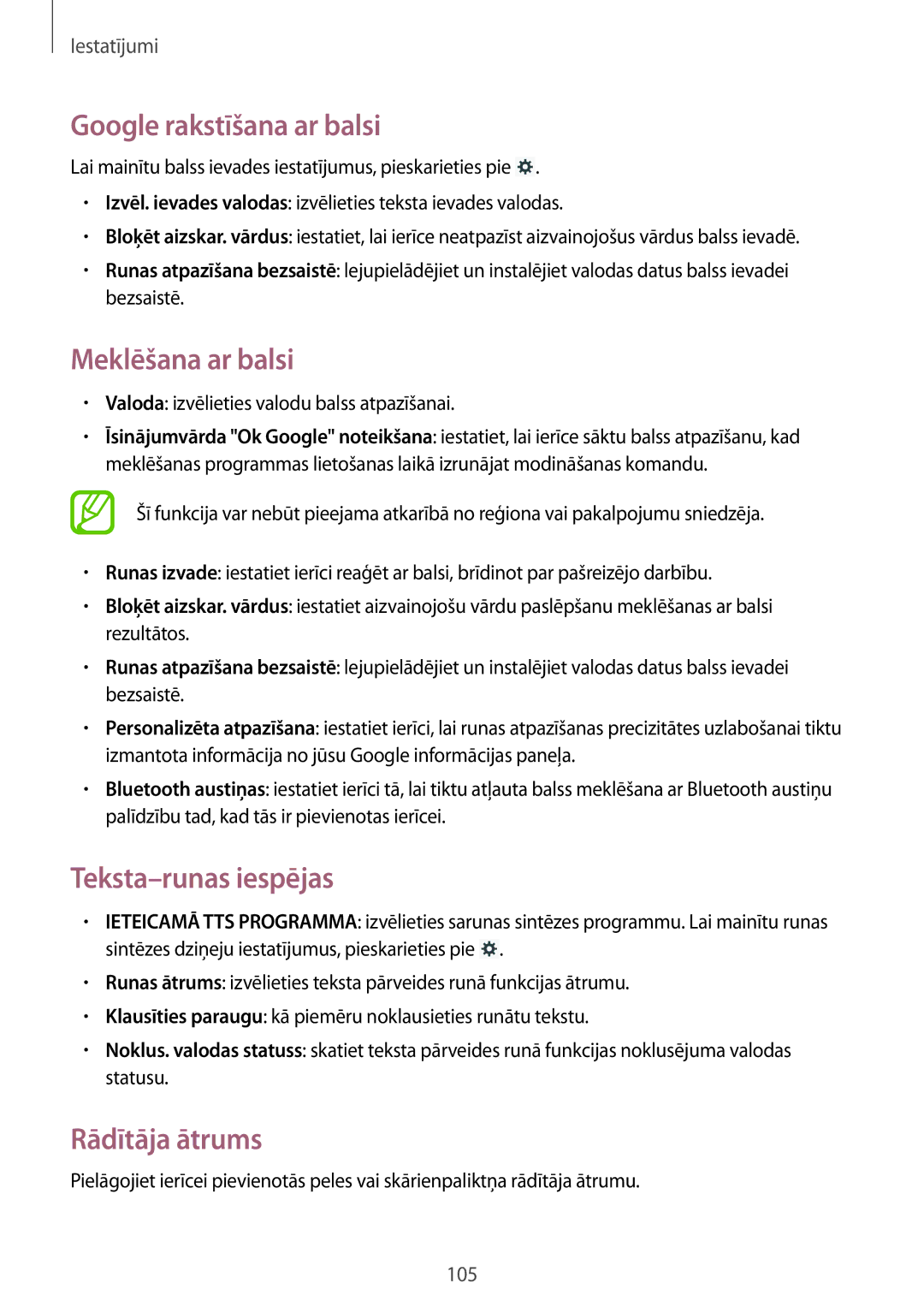 Samsung GT-N8010ZWASEB manual Google rakstīšana ar balsi, Meklēšana ar balsi, Teksta-runas iespējas, Rādītāja ātrums 