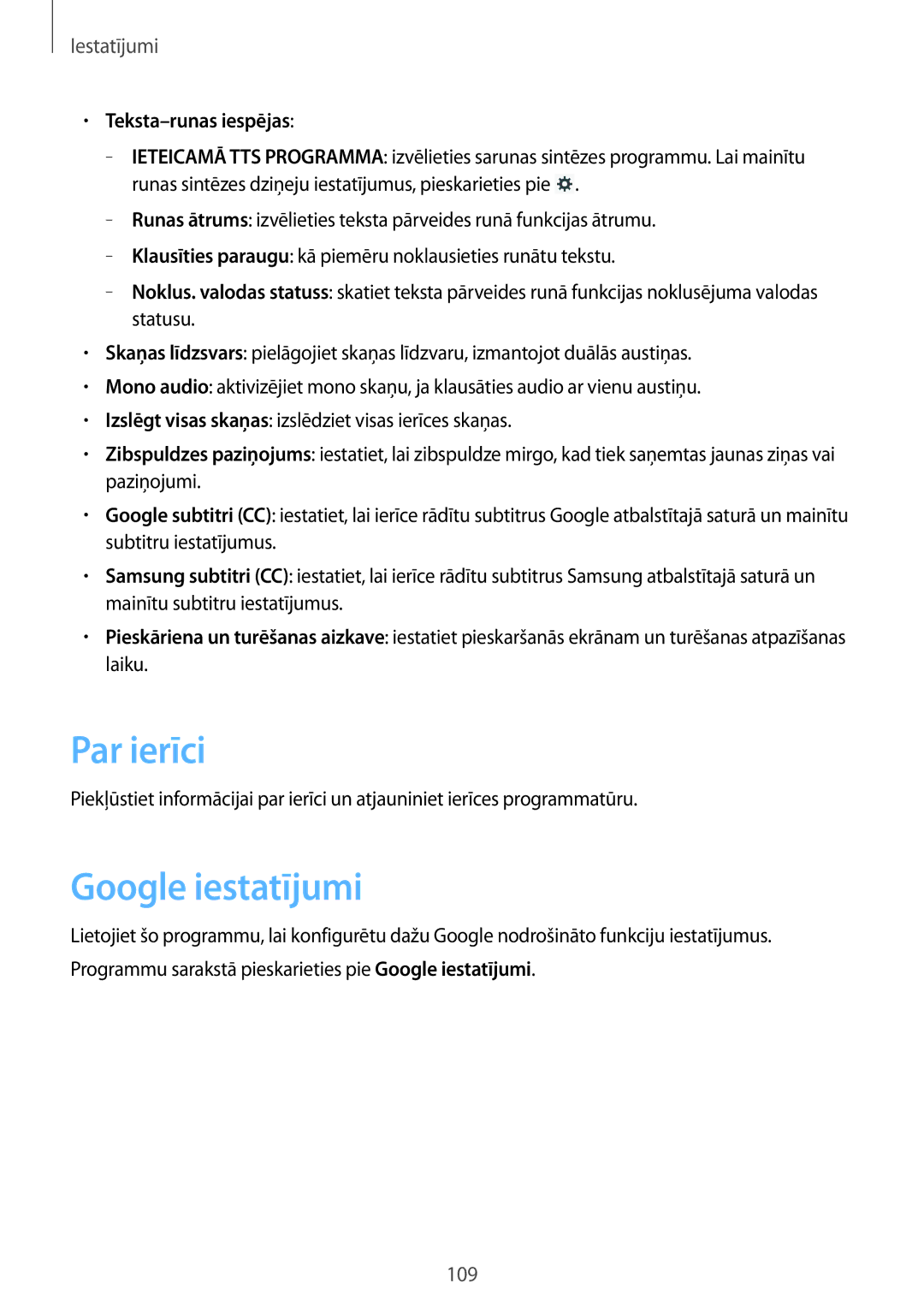 Samsung GT-N8010ZWASEB, GT-N8010EAASEB manual Par ierīci, Google iestatījumi, Teksta-runas iespējas 