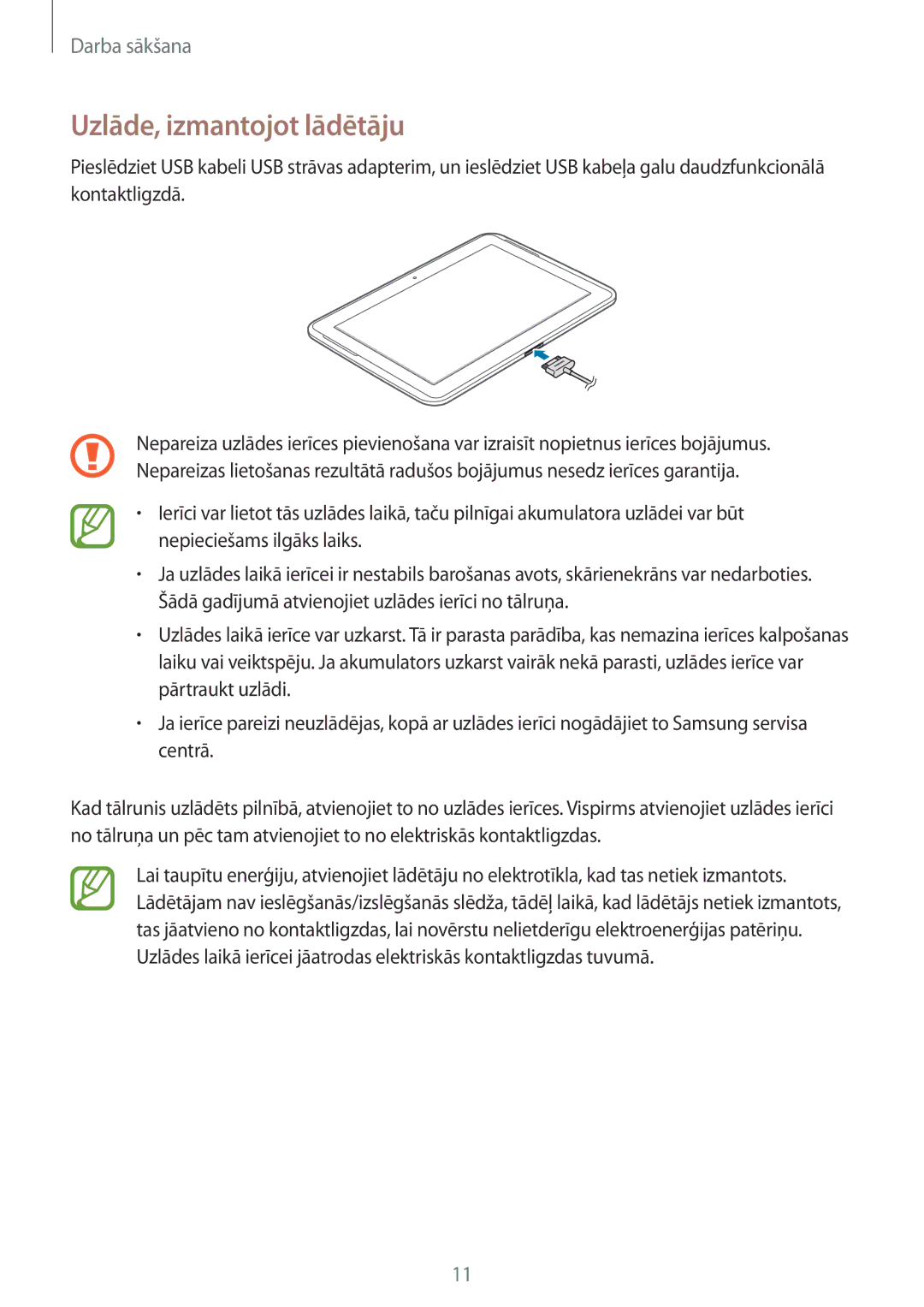 Samsung GT-N8010ZWASEB, GT-N8010EAASEB manual Uzlāde, izmantojot lādētāju 