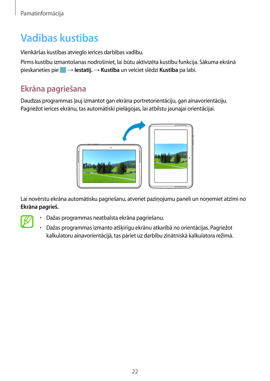 Samsung GT-N8010EAASEB, GT-N8010ZWASEB manual Vadības kustības, Ekrāna pagriešana 