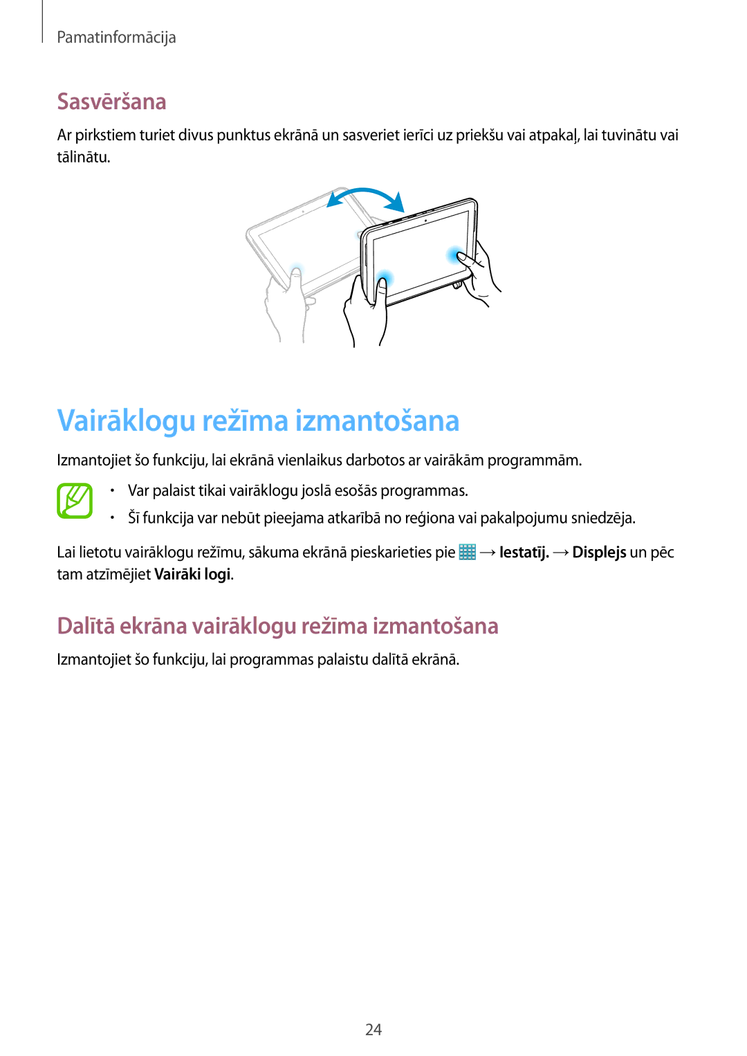 Samsung GT-N8010EAASEB manual Vairāklogu režīma izmantošana, Sasvēršana, Dalītā ekrāna vairāklogu režīma izmantošana 