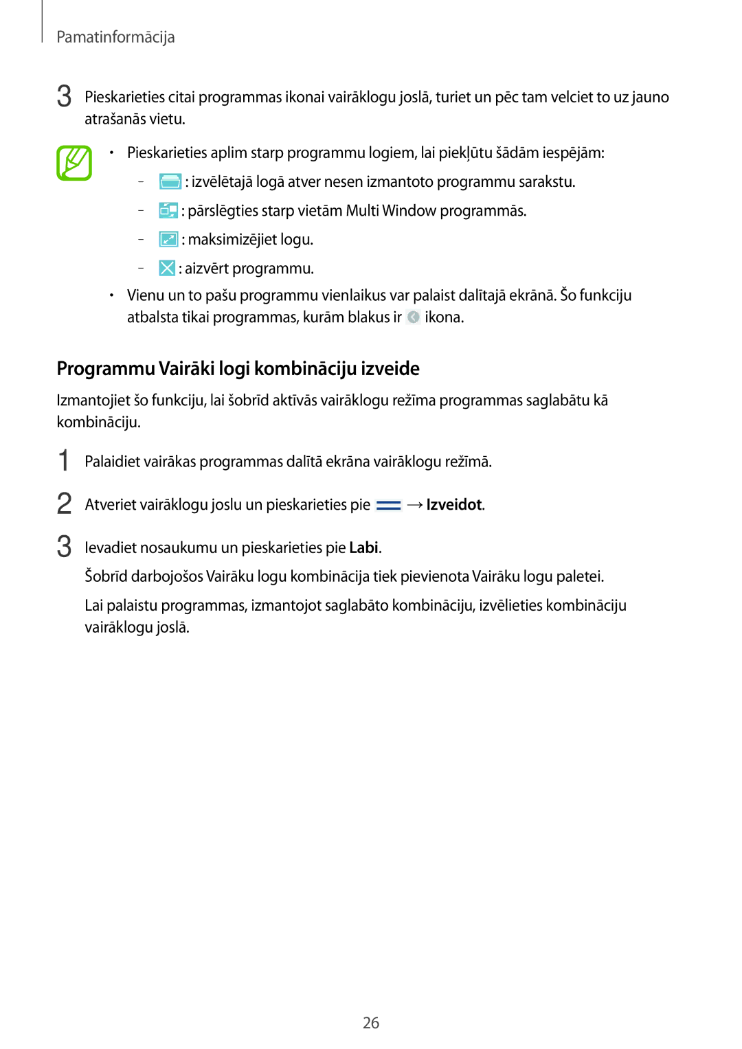 Samsung GT-N8010EAASEB, GT-N8010ZWASEB manual Programmu Vairāki logi kombināciju izveide 