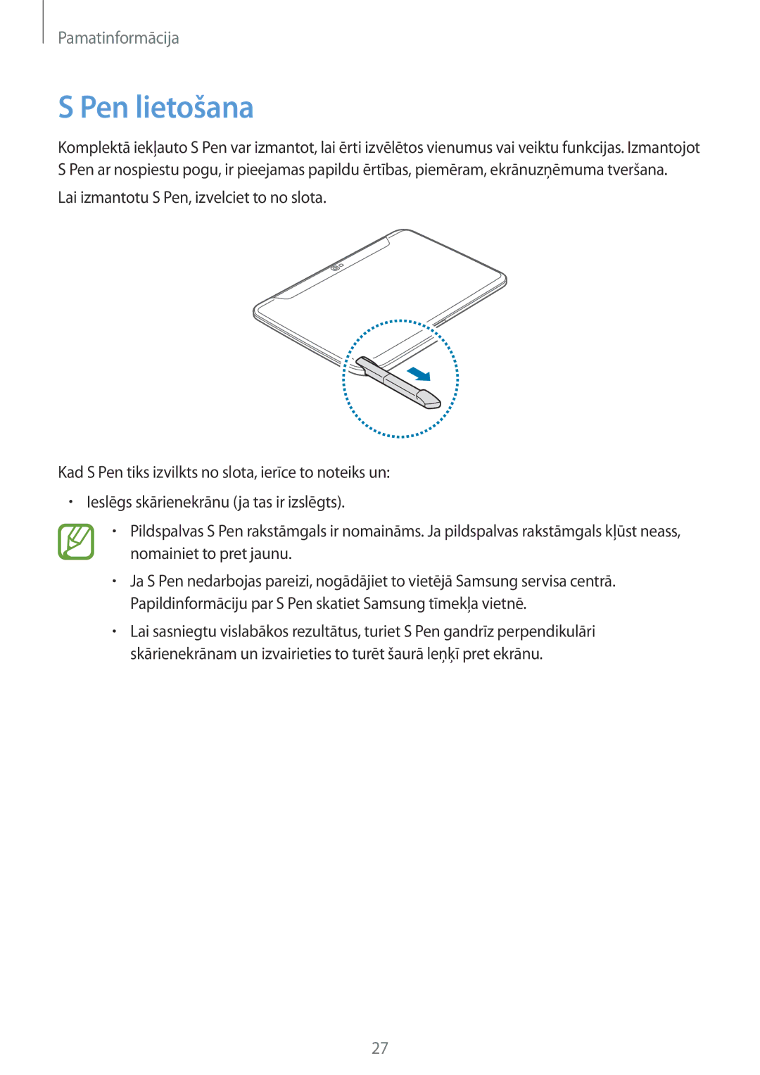 Samsung GT-N8010ZWASEB, GT-N8010EAASEB manual Pen lietošana 