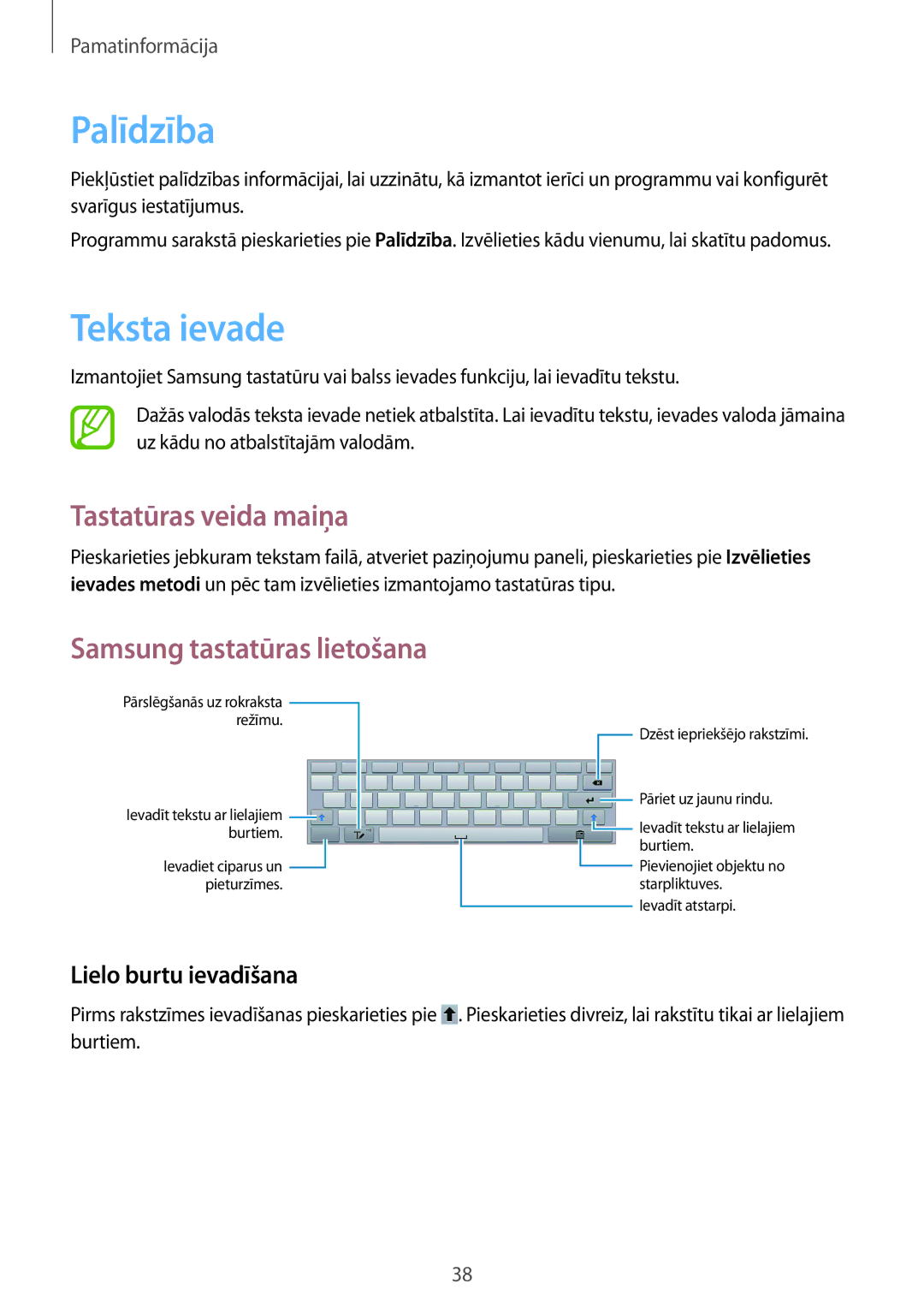 Samsung GT-N8010EAASEB, GT-N8010ZWASEB manual Palīdzība, Teksta ievade, Tastatūras veida maiņa, Lielo burtu ievadīšana 