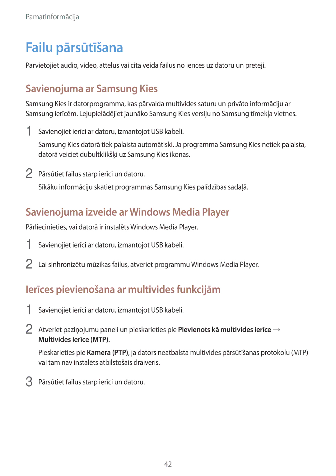 Samsung GT-N8010EAASEB manual Failu pārsūtīšana, Savienojuma ar Samsung Kies, Savienojuma izveide ar Windows Media Player 