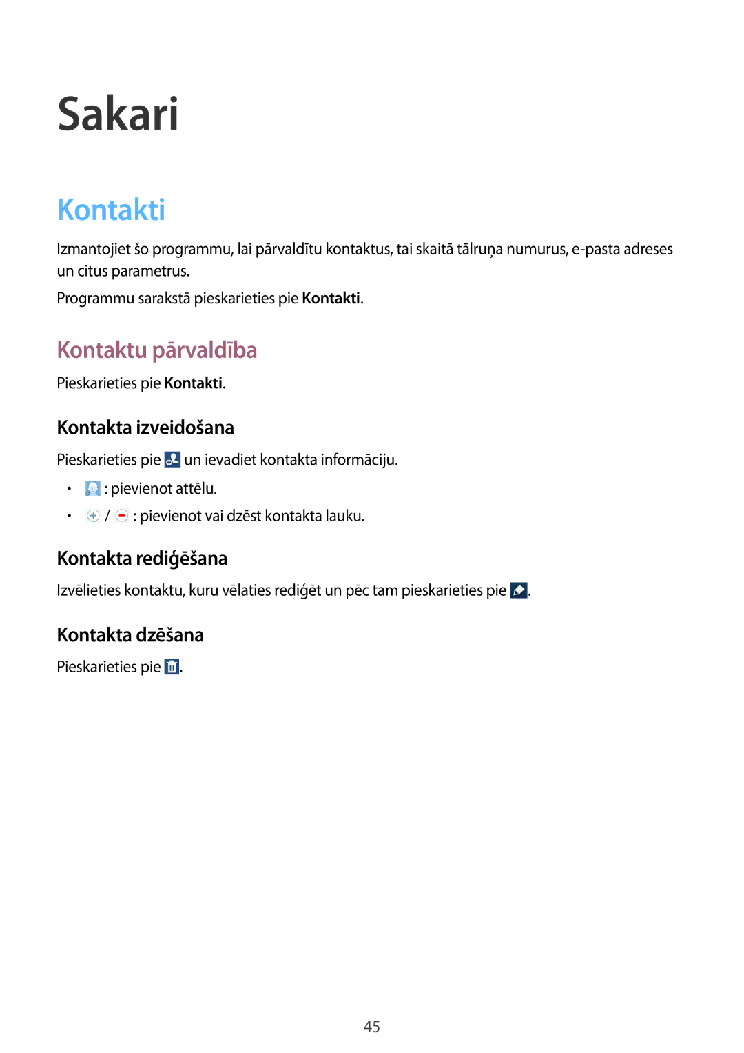 Samsung GT-N8010ZWASEB, GT-N8010EAASEB manual Sakari, Kontakti, Kontaktu pārvaldība 