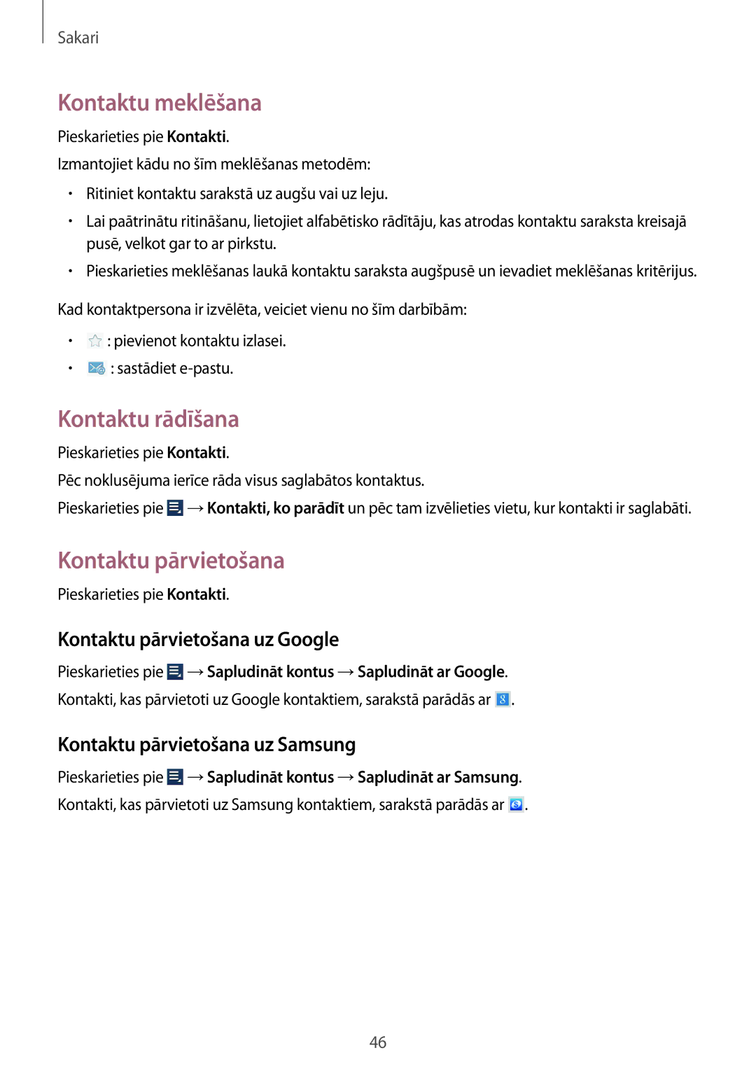 Samsung GT-N8010EAASEB, GT-N8010ZWASEB manual Kontaktu meklēšana, Kontaktu rādīšana, Kontaktu pārvietošana uz Google 