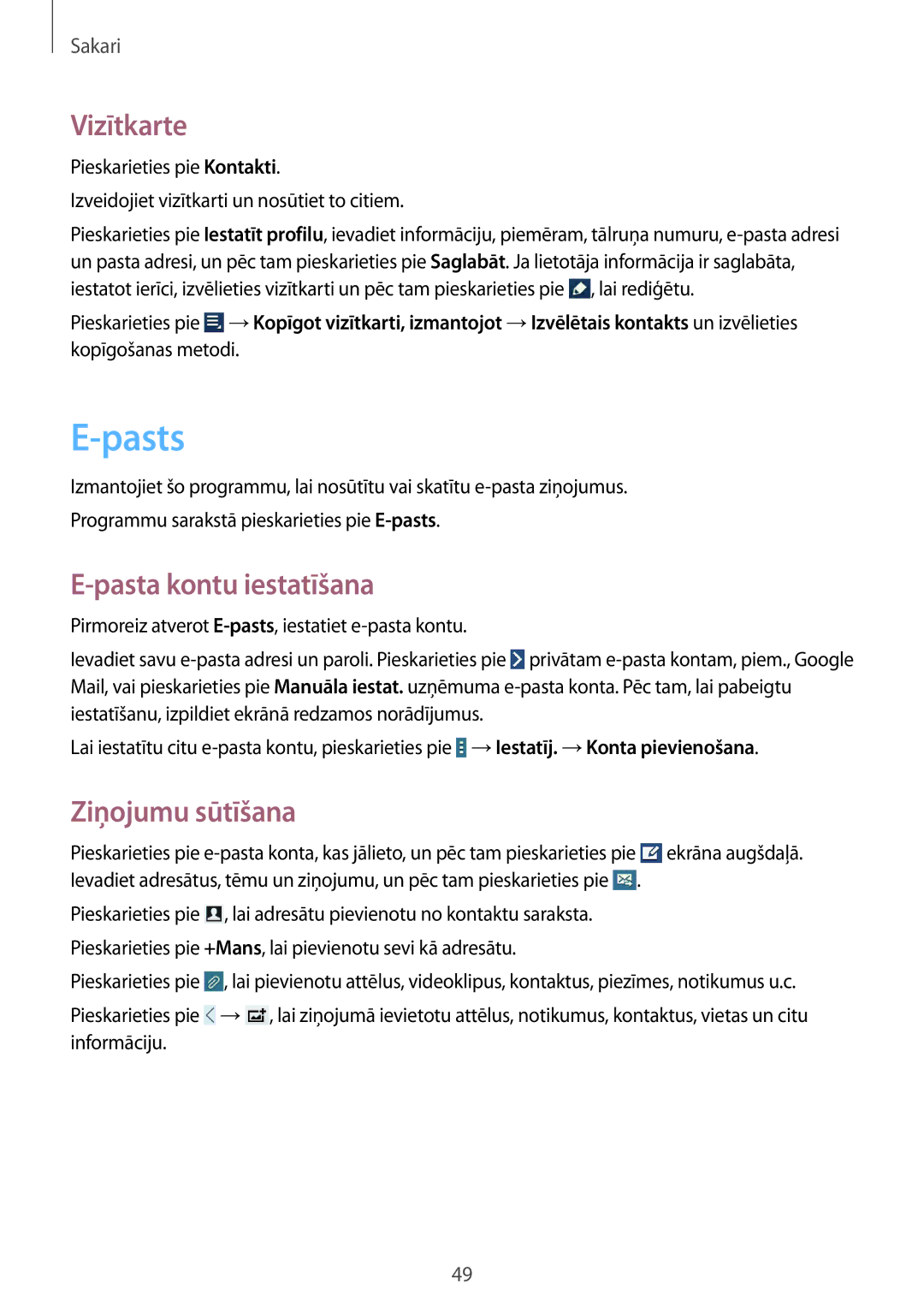 Samsung GT-N8010ZWASEB, GT-N8010EAASEB manual Pasts, Vizītkarte, Pasta kontu iestatīšana, Ziņojumu sūtīšana 