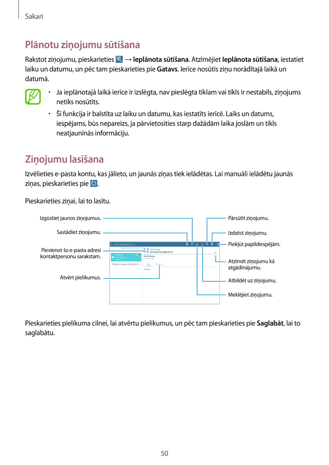 Samsung GT-N8010EAASEB, GT-N8010ZWASEB manual Plānotu ziņojumu sūtīšana, Ziņojumu lasīšana 